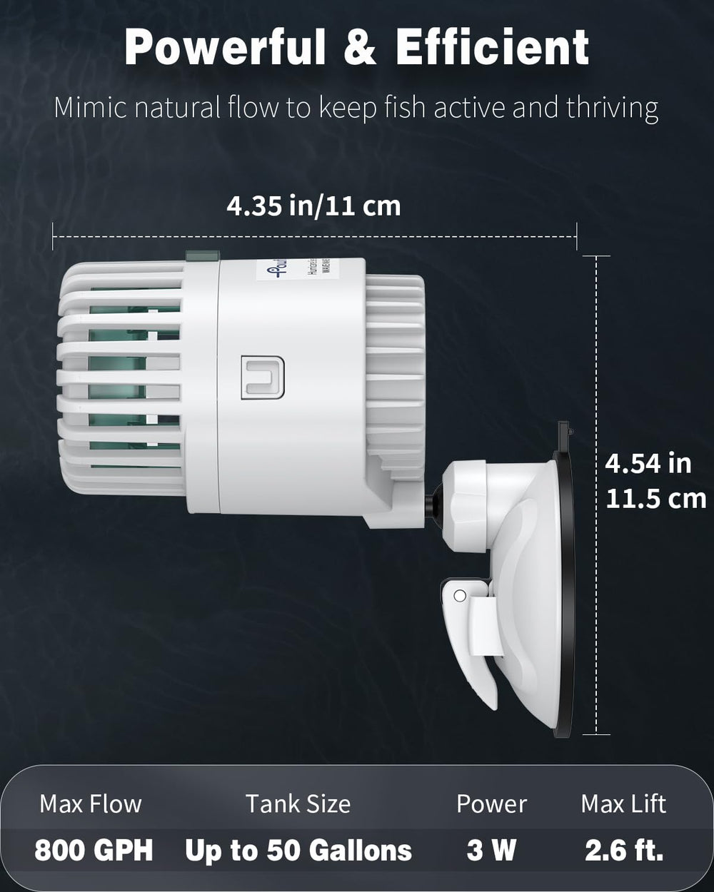Pawfly étiquette caractéristiques mettant en avant 800 GPH et 3 W