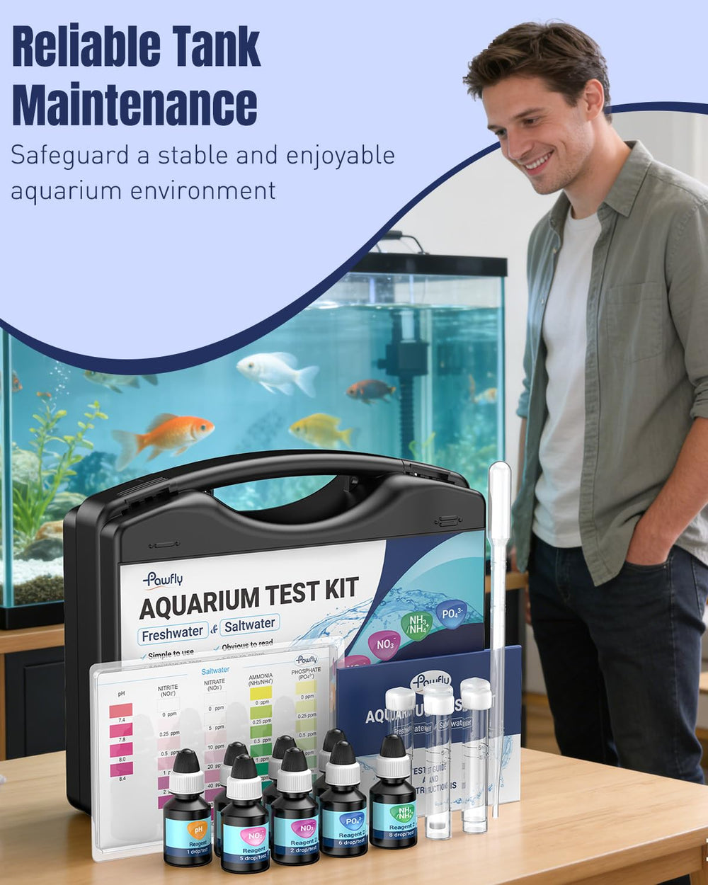 Pawfly kit posé près d'un aquarium décoré, entretien facile pour poissons et plantes