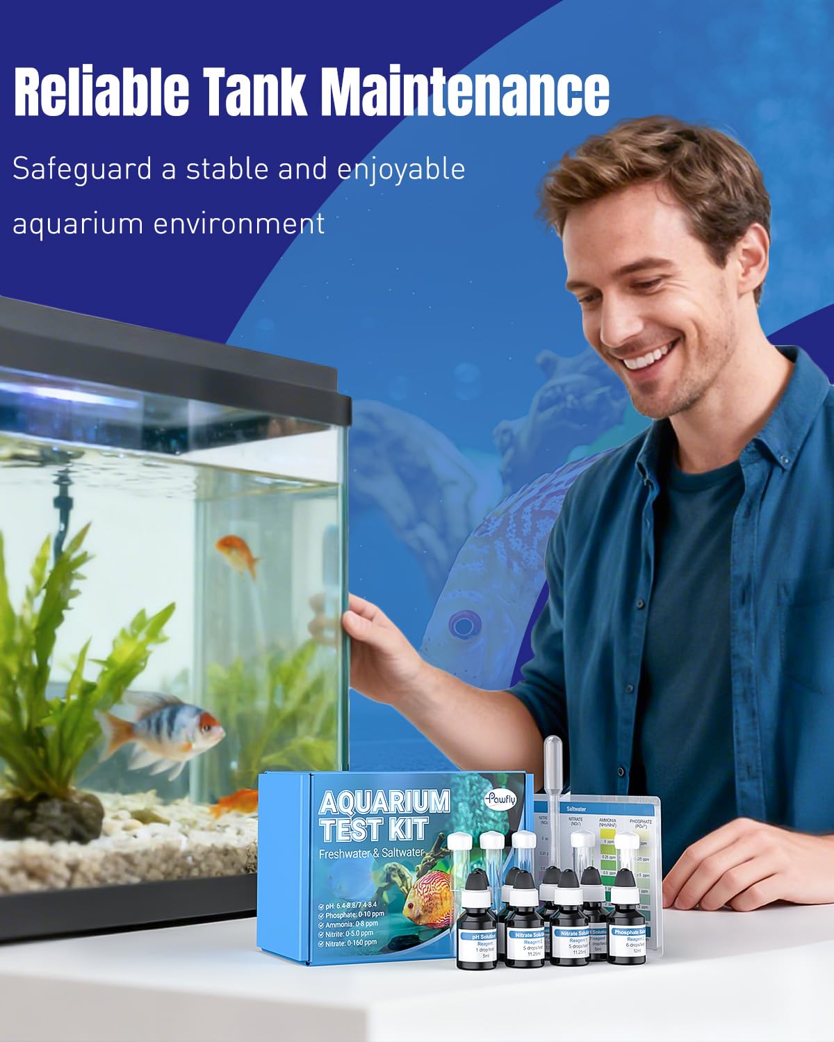 Pawfly kit utilisé près d'un aquarium dans un salon pour contrôle régulier