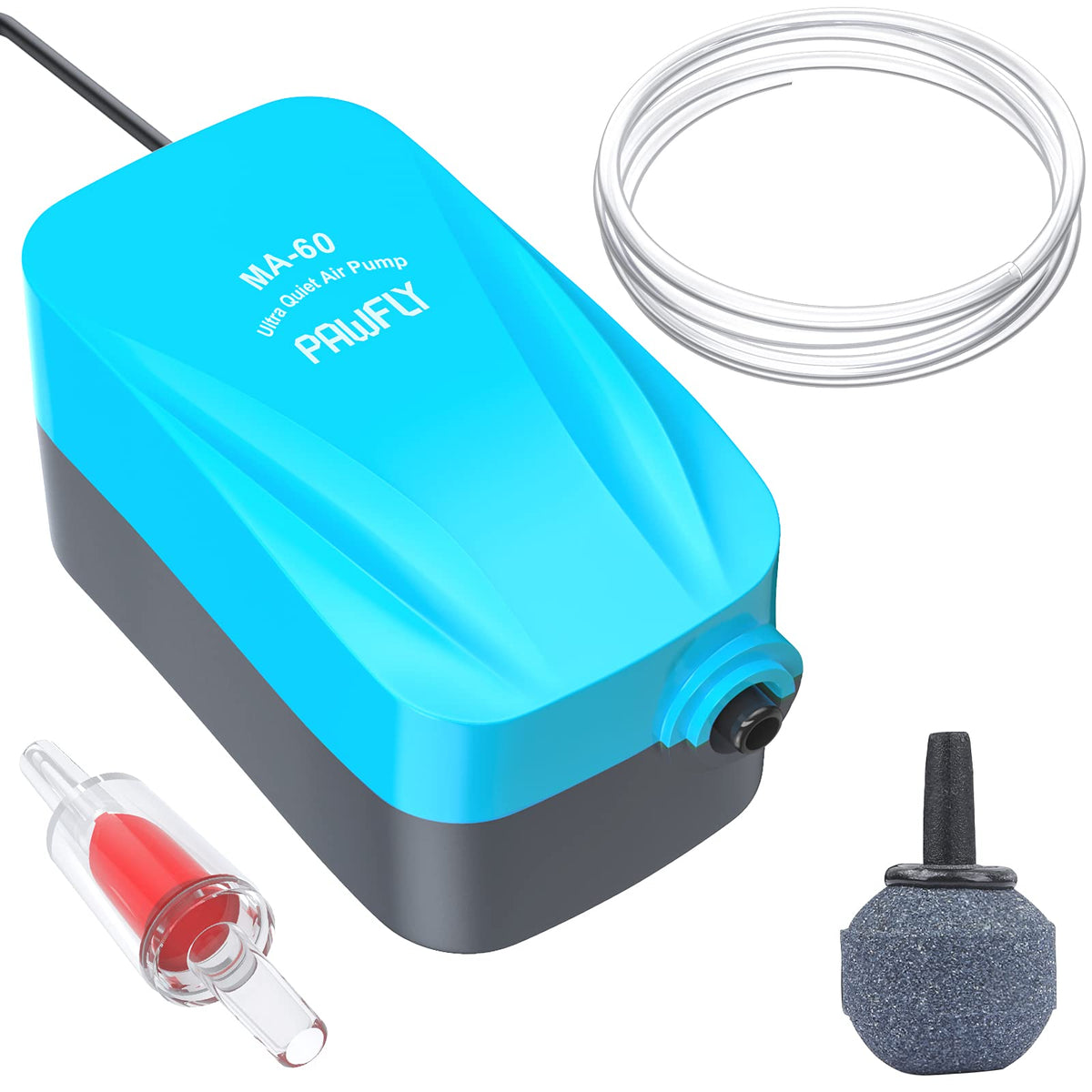 Pawfly pompe à air face avant compacte montrant dimensions et sortie