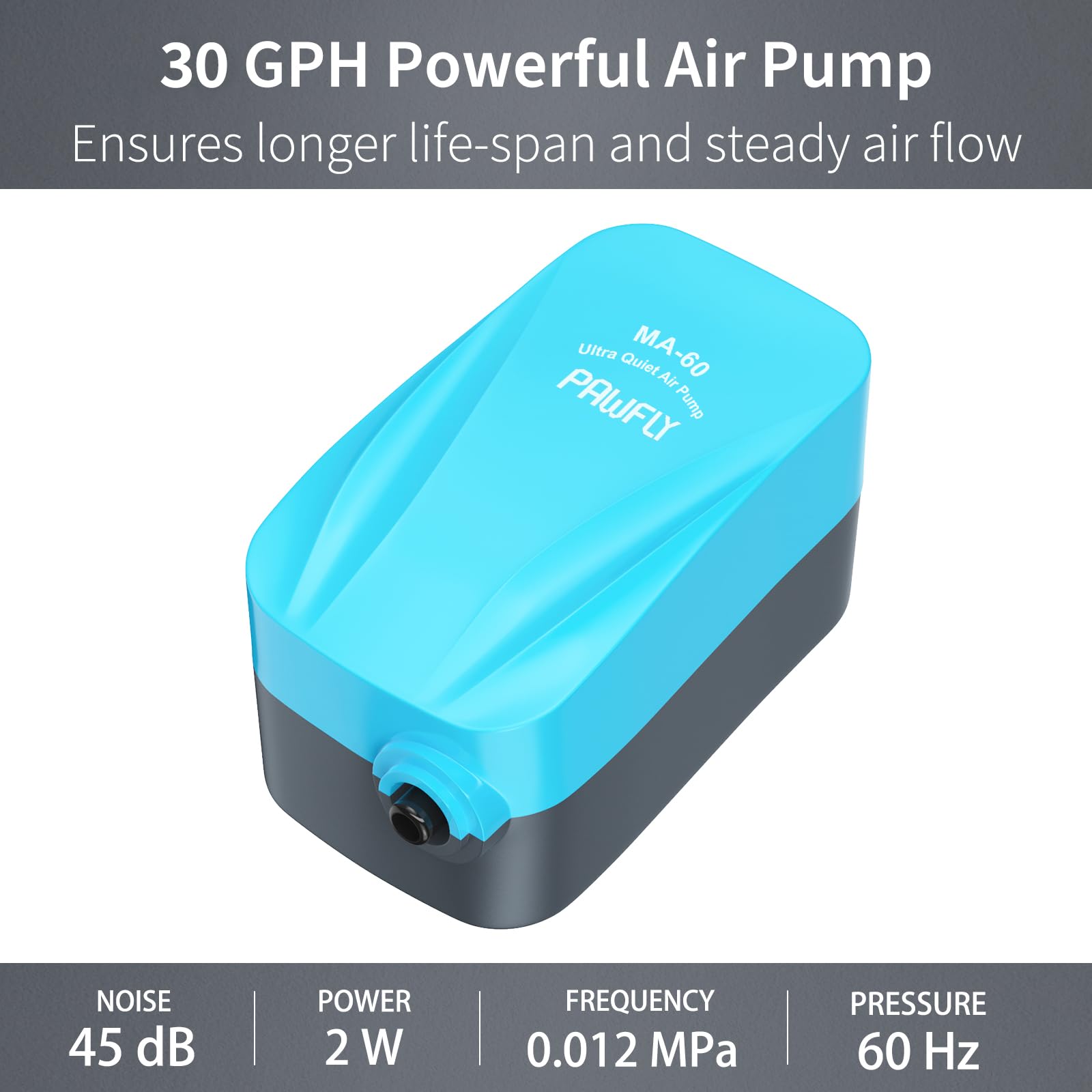 Pawfly pompe à air gros plan sur boîtier avec pieds antivibration réduisant bruit