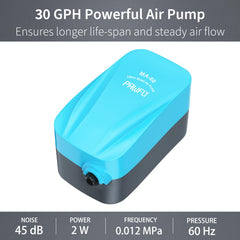 Pawfly pompe à air gros plan sur boîtier avec pieds antivibration réduisant bruit