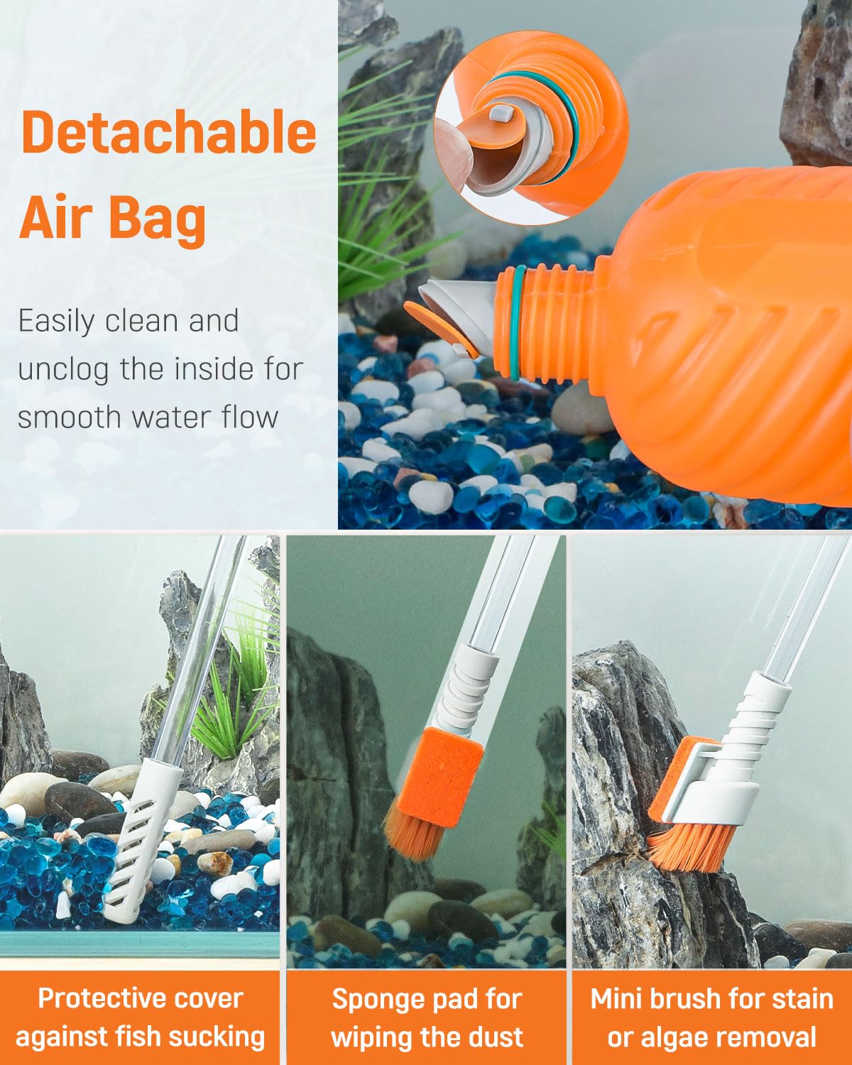 Pawfly en cours d'utilisation dans un aquarium montrant évacuation de débris