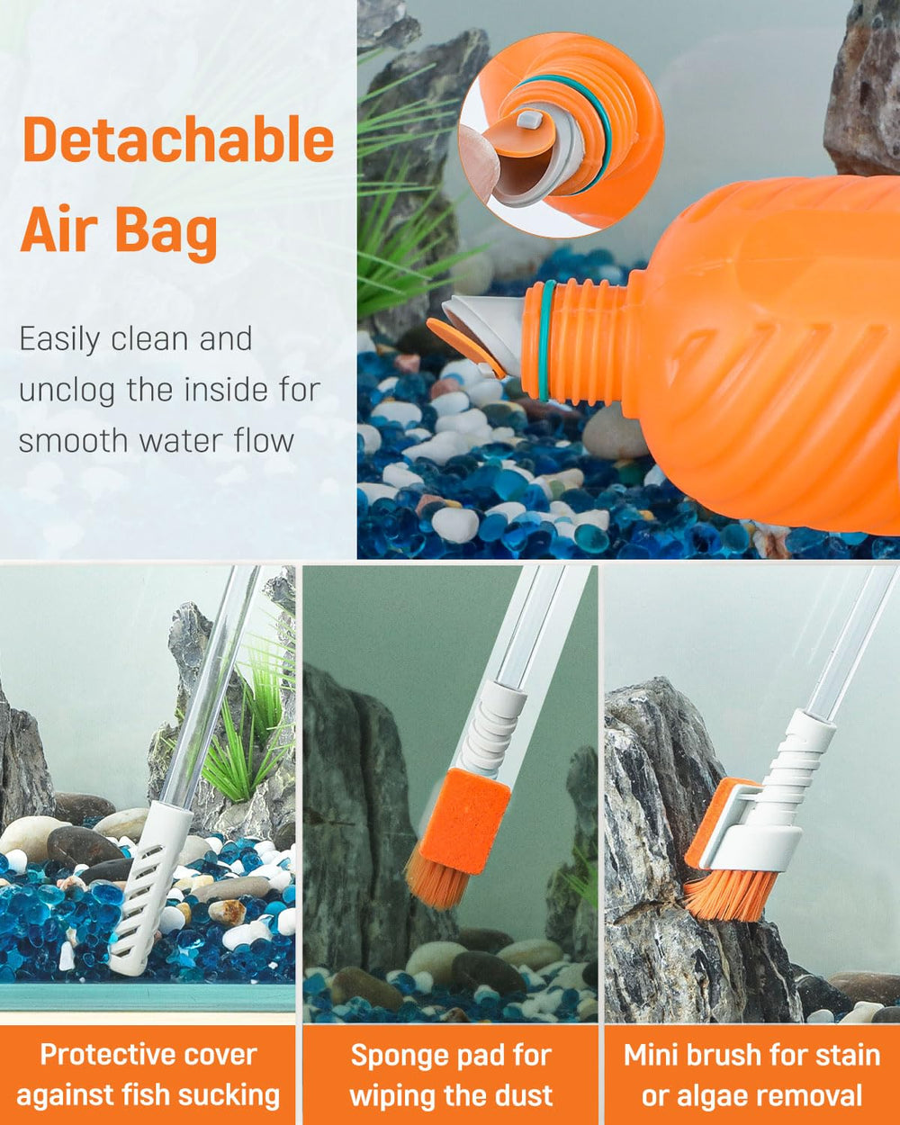 Pawfly en cours d'utilisation dans un aquarium montrant évacuation de débris