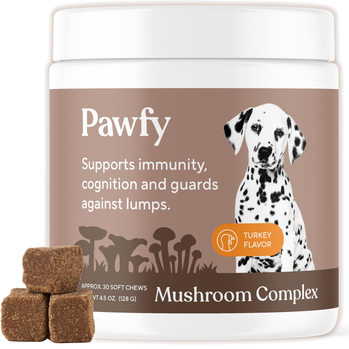 Pawfy boîte devant montrant 30 chews et design pratique
