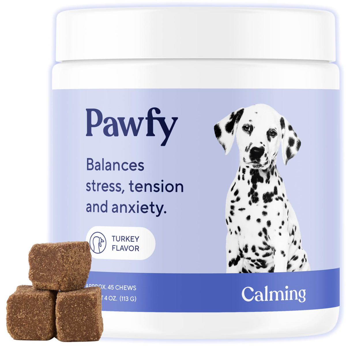 Pawfy emballage avant montrant les chews apaisants et informations produit