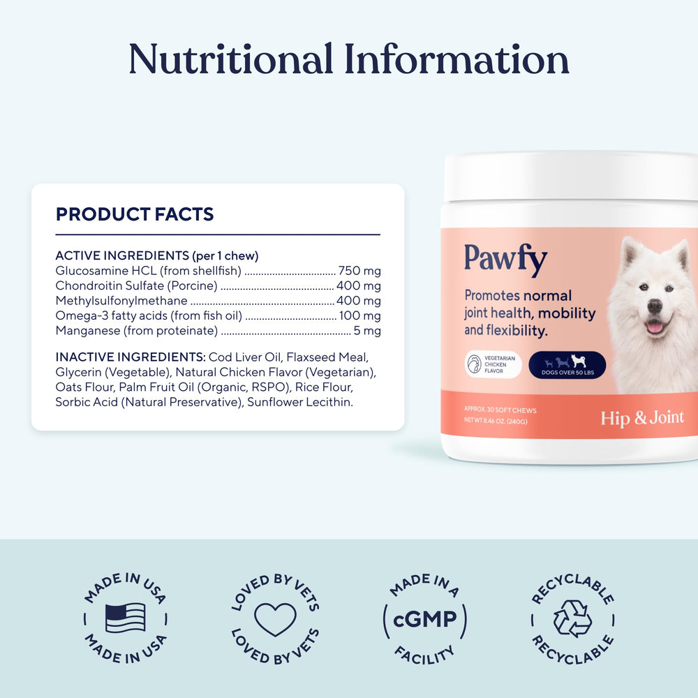 Pawfy étiquette ingrédients listant glucosamine chondroïtine MSM