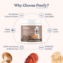 Étiquette Pawfy présentant la liste d'ingrédients et tests tiers