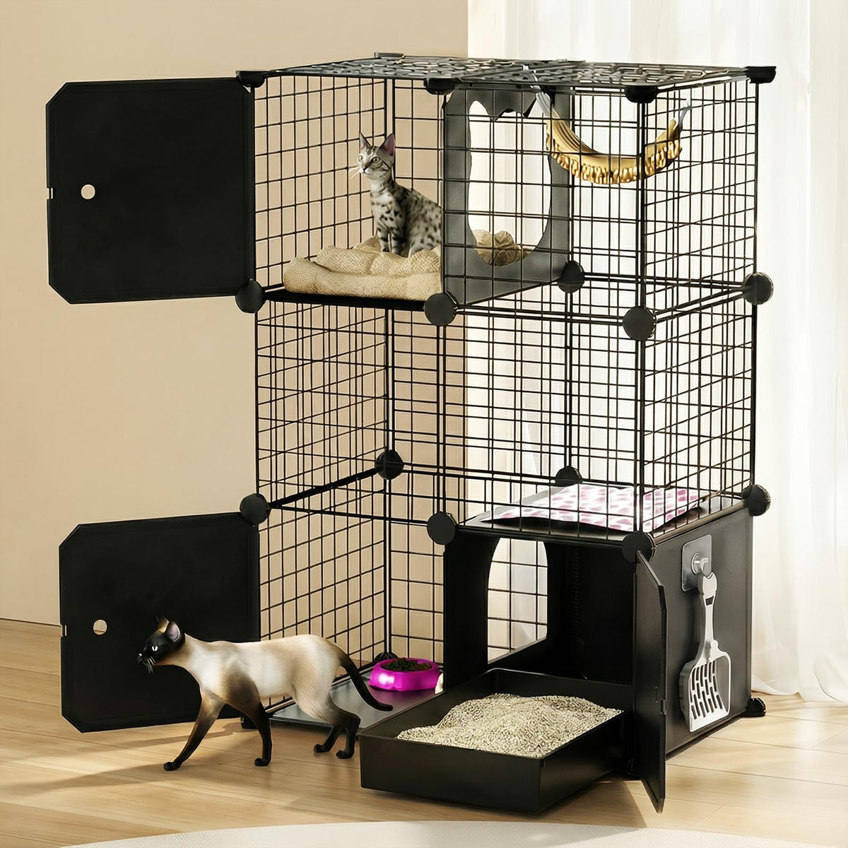 PAWING vue avant de l’enclos montrant espace et accessibilité pour chat