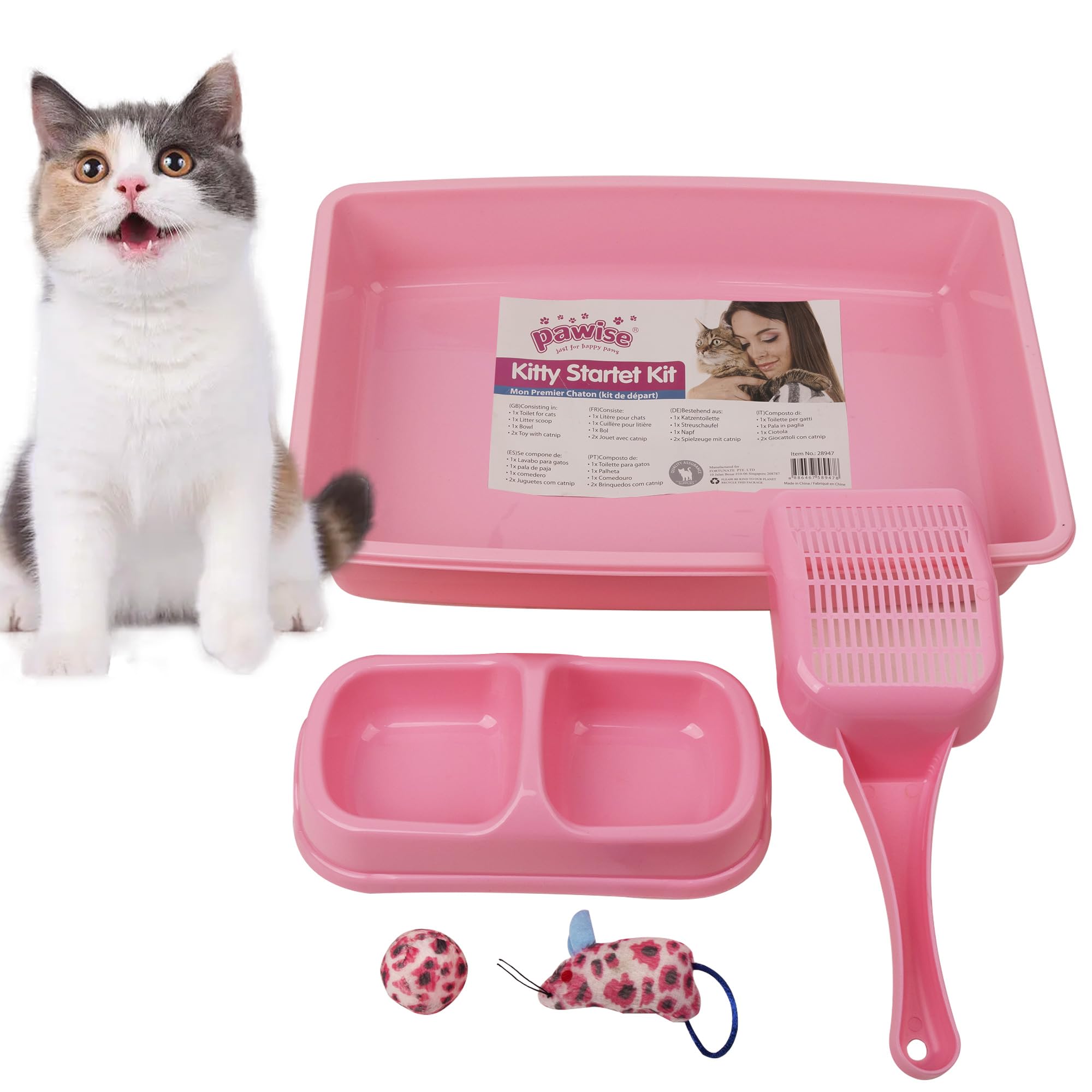 PAWISE bac à litière rose vu de face pour accueil facile du chaton et gain de place