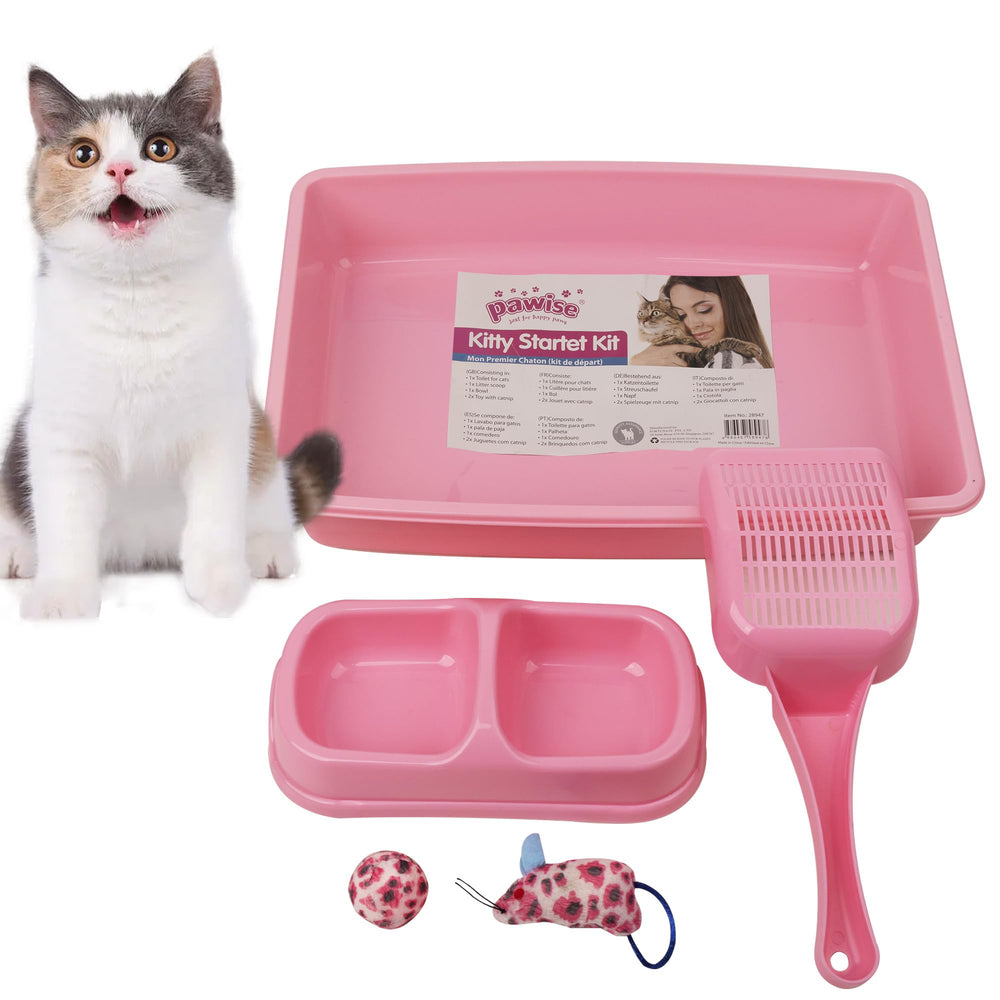 PAWISE bac à litière rose vu de face pour accueil facile du chaton et gain de place