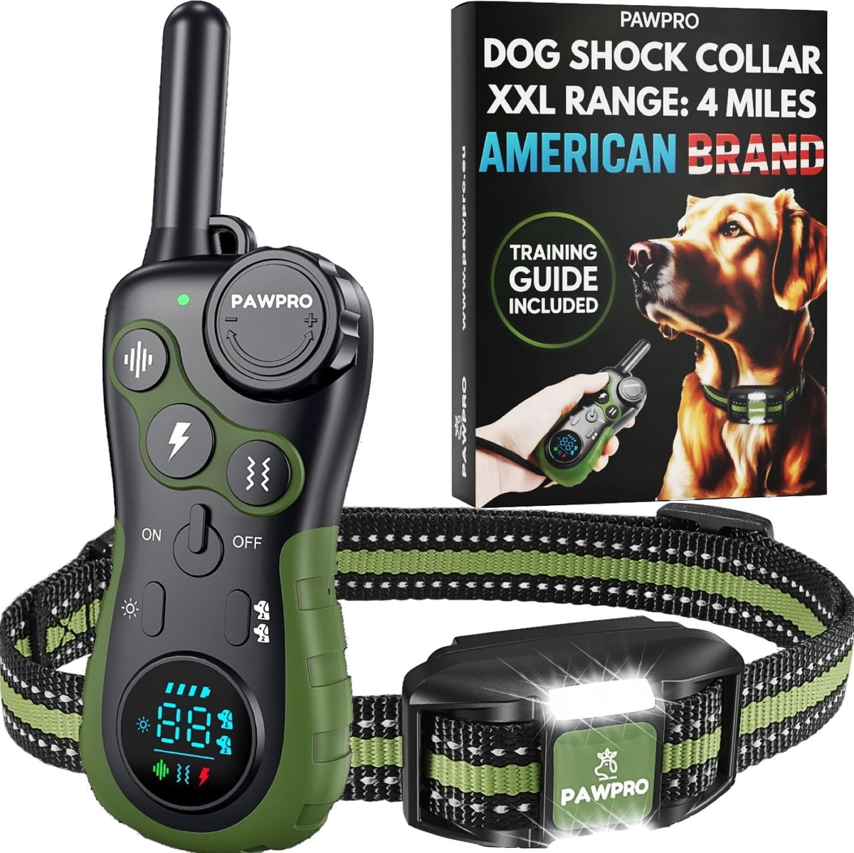 PAWPRO emballage avant montrant portée et modes, bénéfice contrôle longue distance