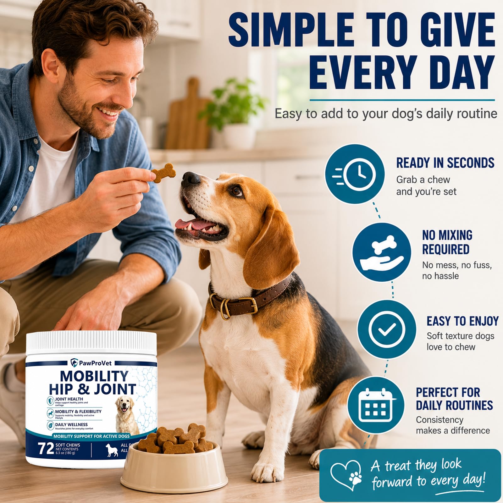 Boîte Pawprovet ouverte révélant les chews format pratique pour routine
