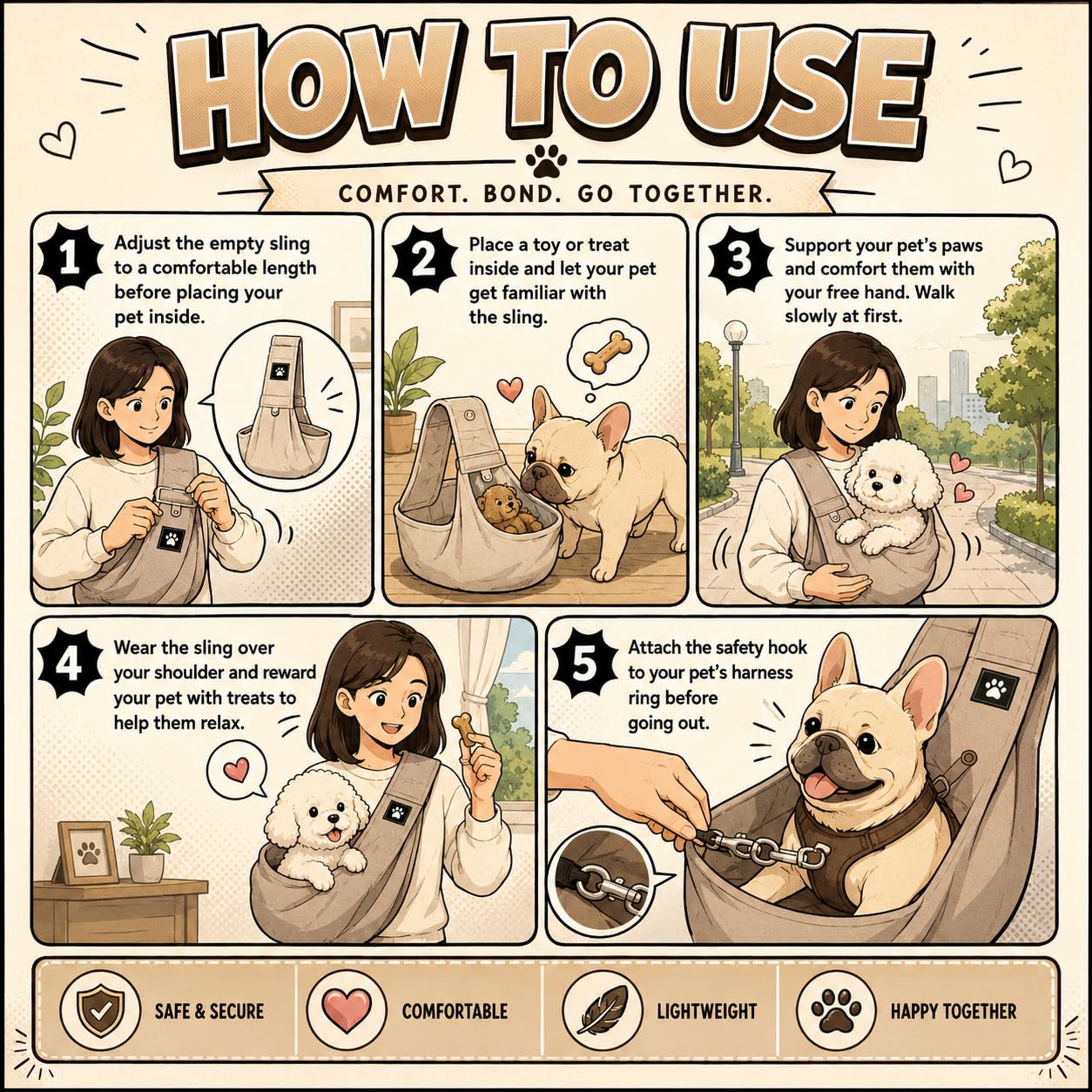 PAWPUBBY profil du chien assis dans la pochette, soutien sûr et enveloppant