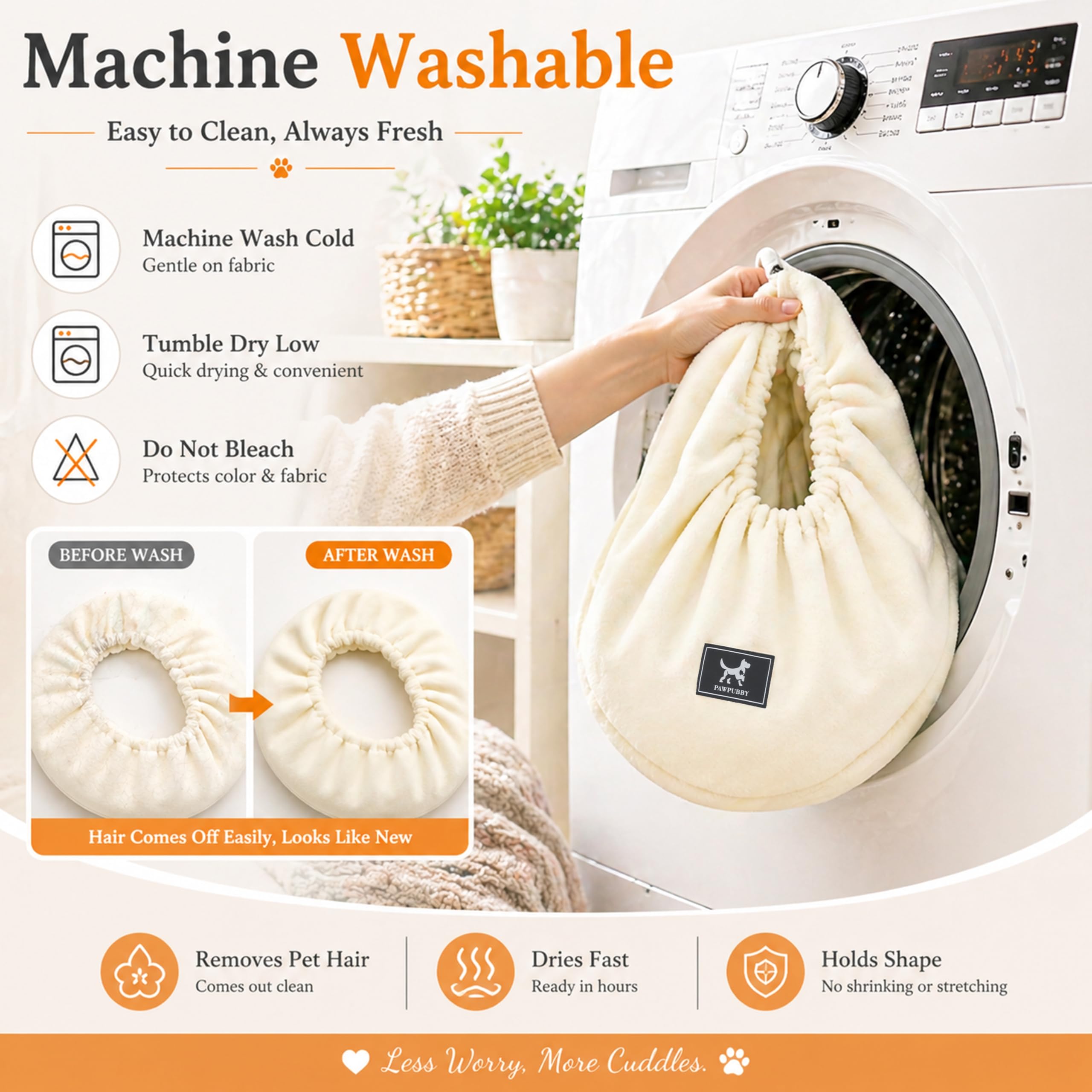 PAWPUBBY étiquette entretien montrant lavage facile et soin pratique