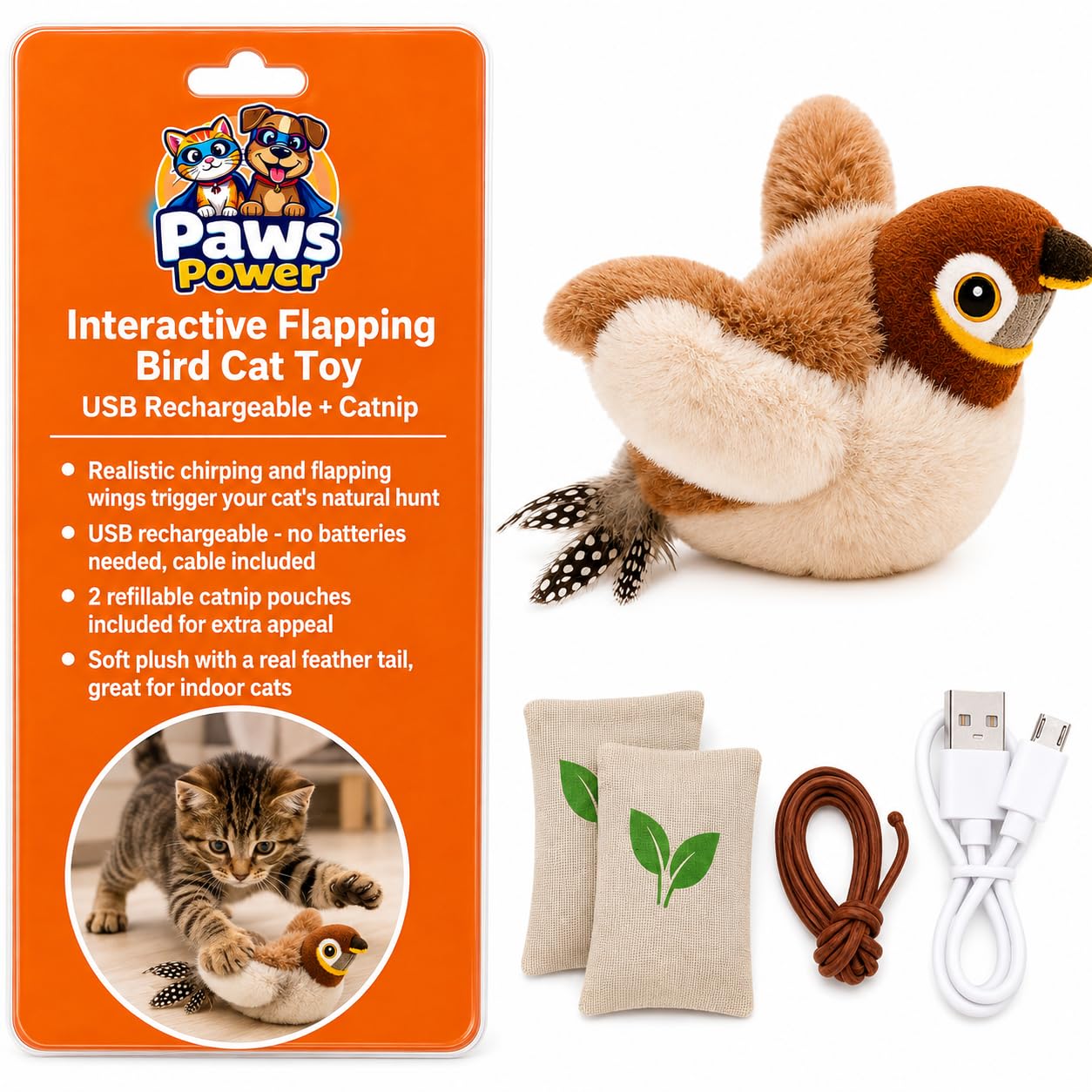 Paws Power moineau face avant montrant peluche réaliste et appel au jeu