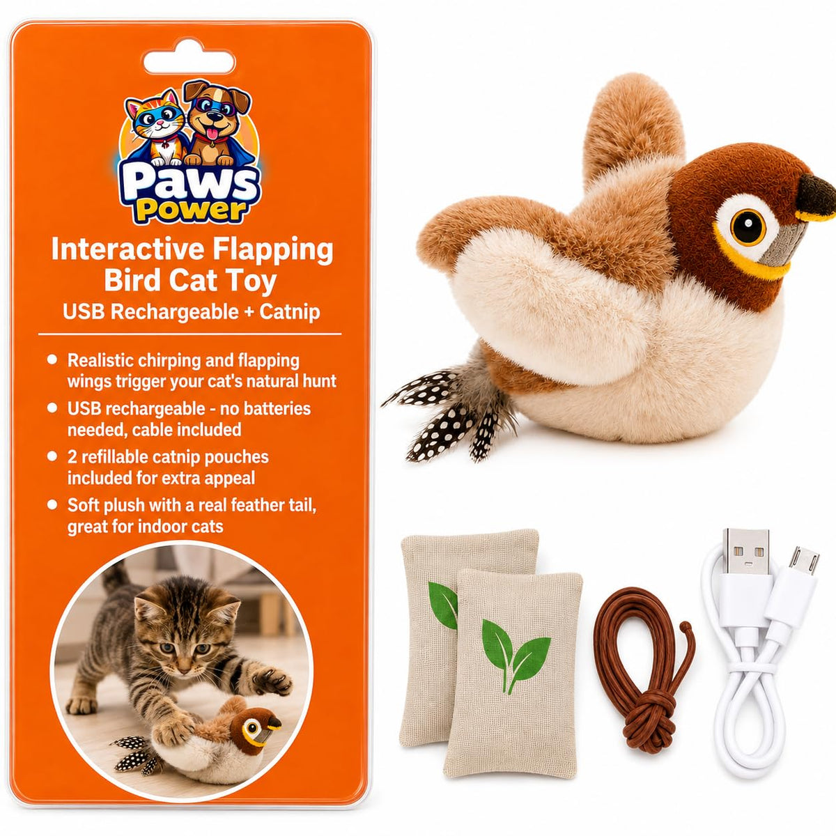 Paws Power moineau face avant montrant peluche réaliste et appel au jeu
