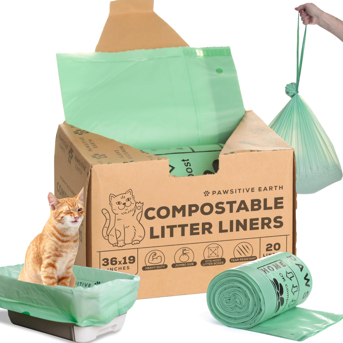Pawsitive Earth emballage avant montrant 20 sacs et bénéfice d'utilisation facile