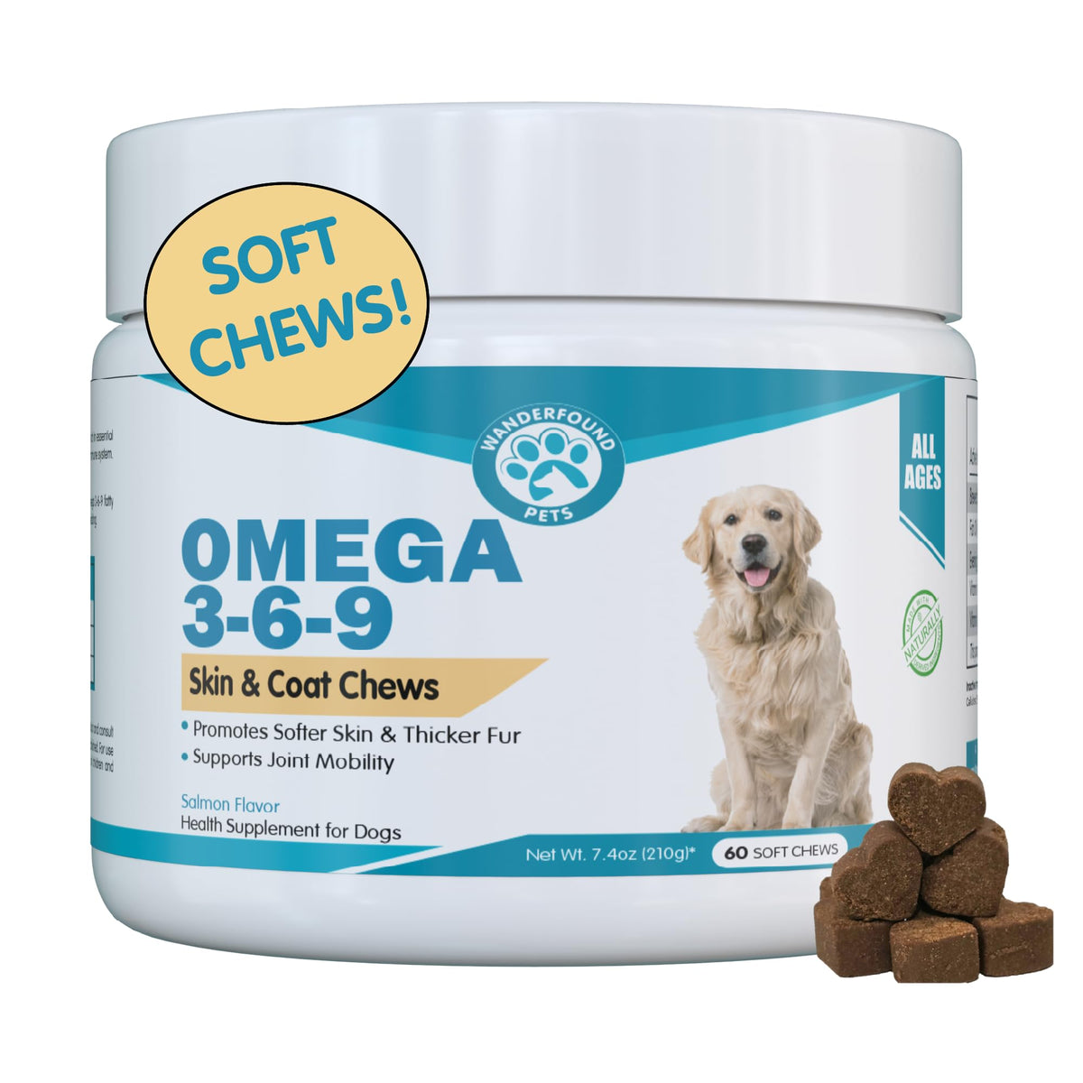 Pawsitive Wanderfound emballage frontal montrant 60 soft chews et bénéfice pelage