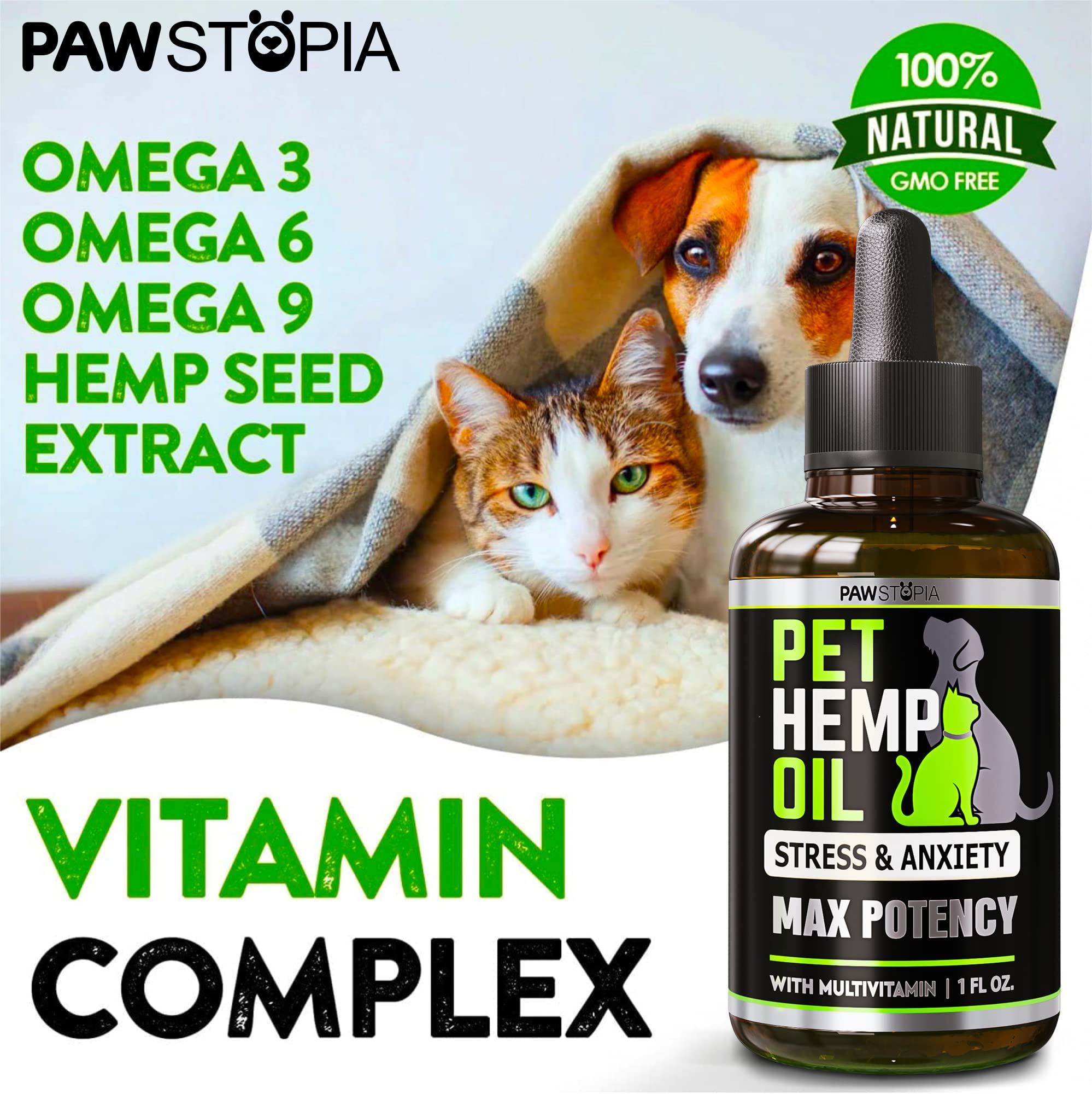 Pawstopia flacon comparé à une patte de chien pour montrer l'échelle et le dosage