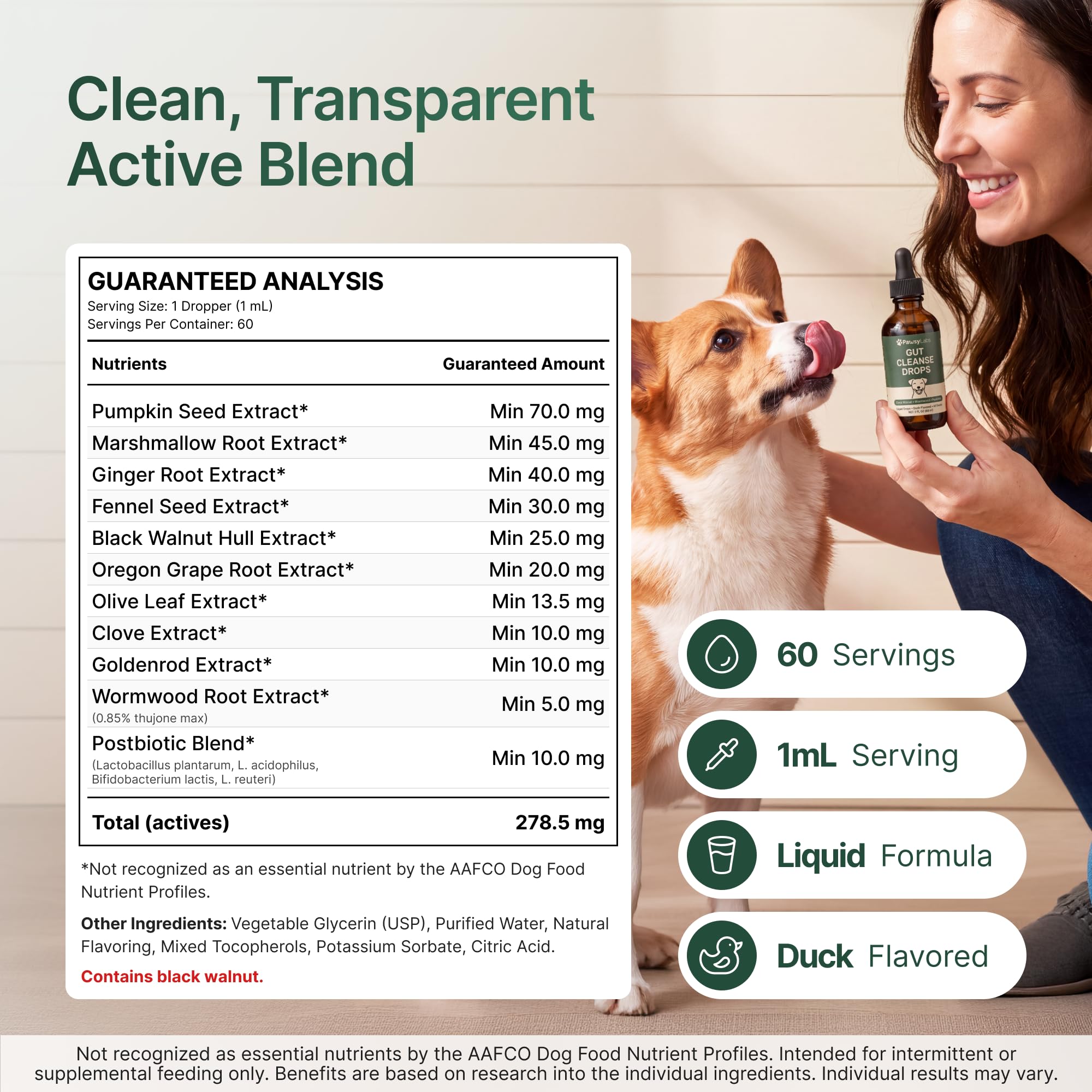 PawsyLabs gros plan étiquette montrant souches postbiotiques et informations de lot