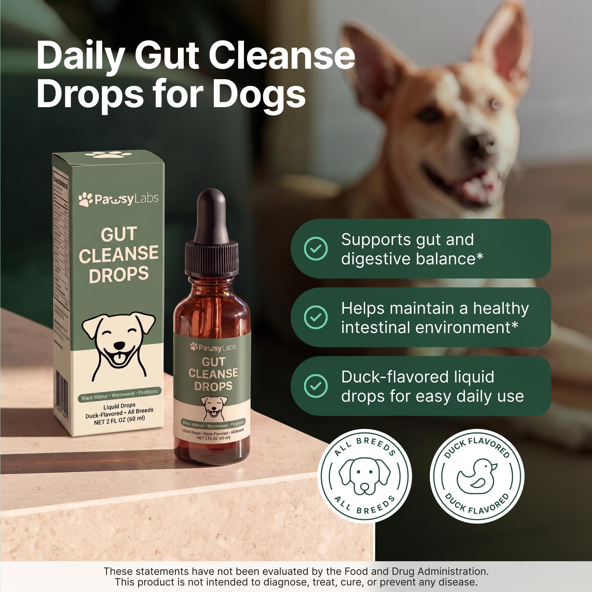 PawsyLabs bouteille ouverte et compte-gouttes pour administration précise et simple