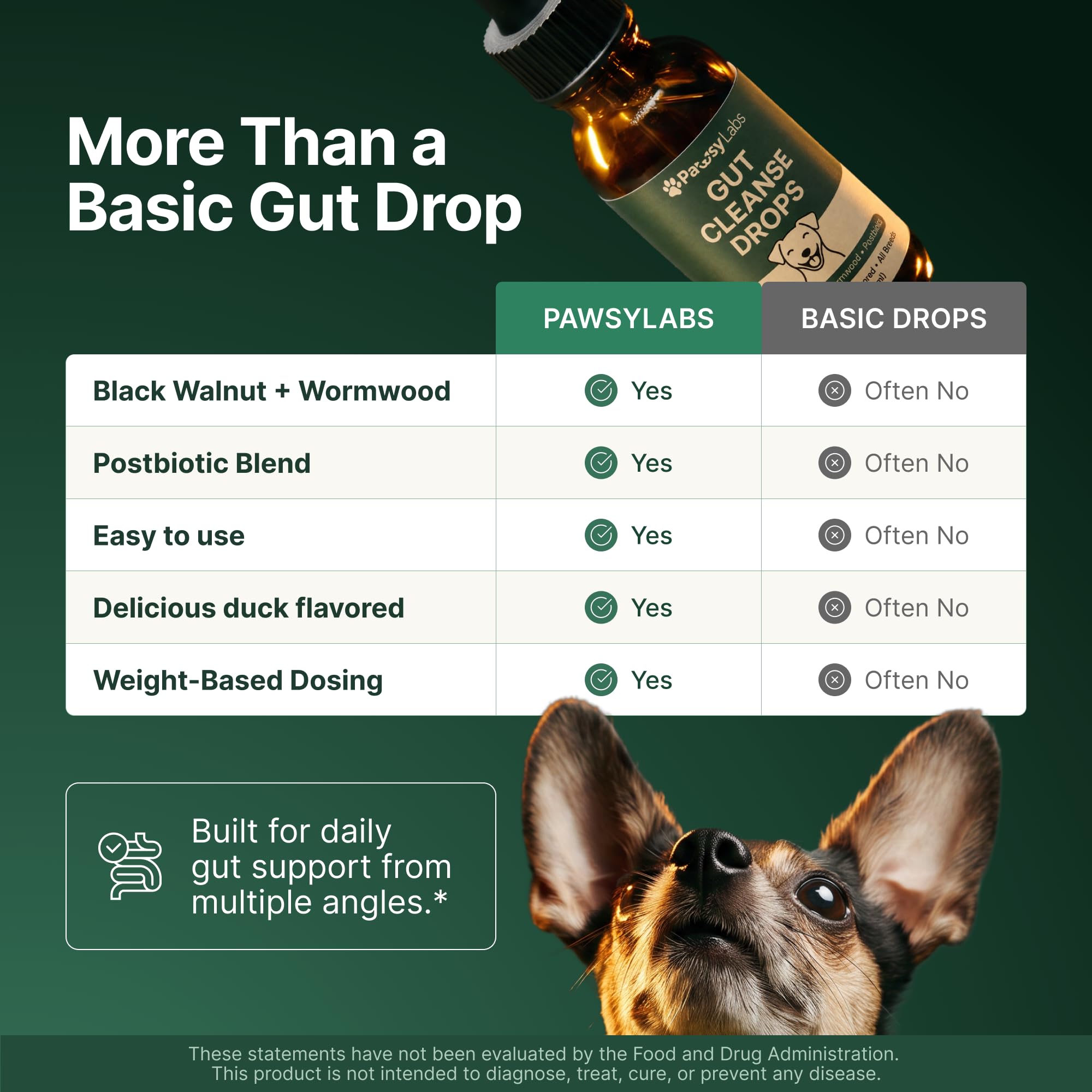 PawsyLabs ingrédients botaniques disposés illustrant la formule postbiotique et naturelle