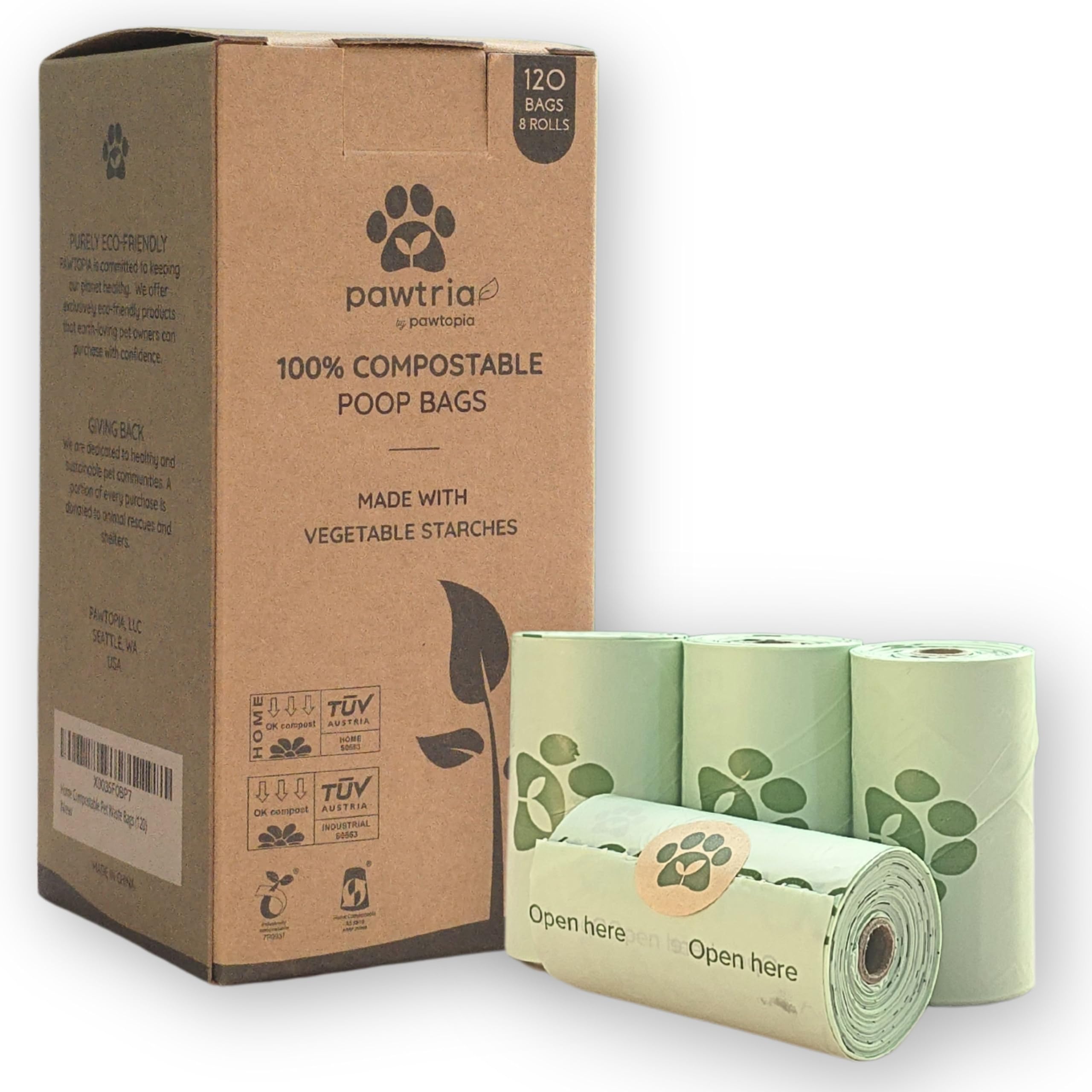 Pawtria emballage face avant montrant certification compostable et bénéfice écologique
