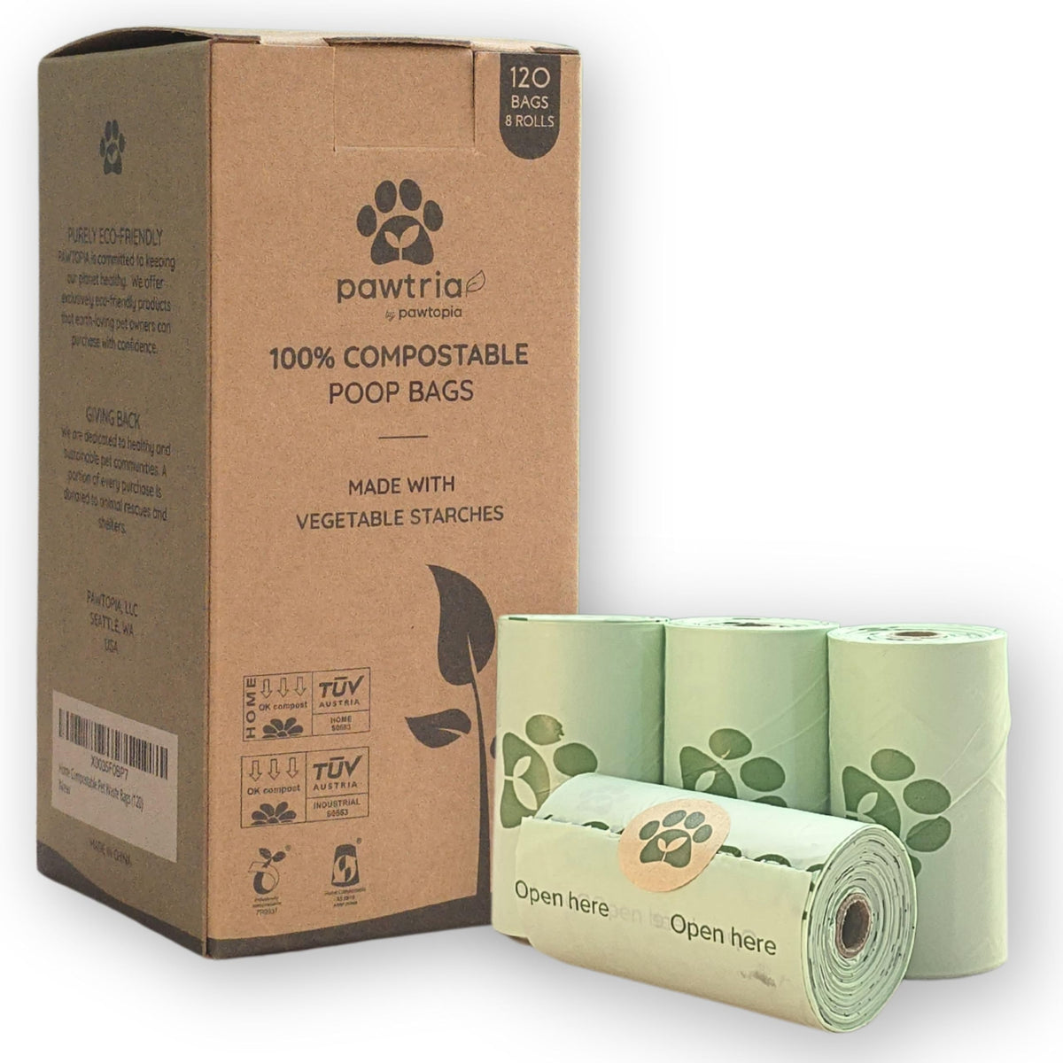 Pawtria emballage face avant montrant certification compostable et bénéfice écologique