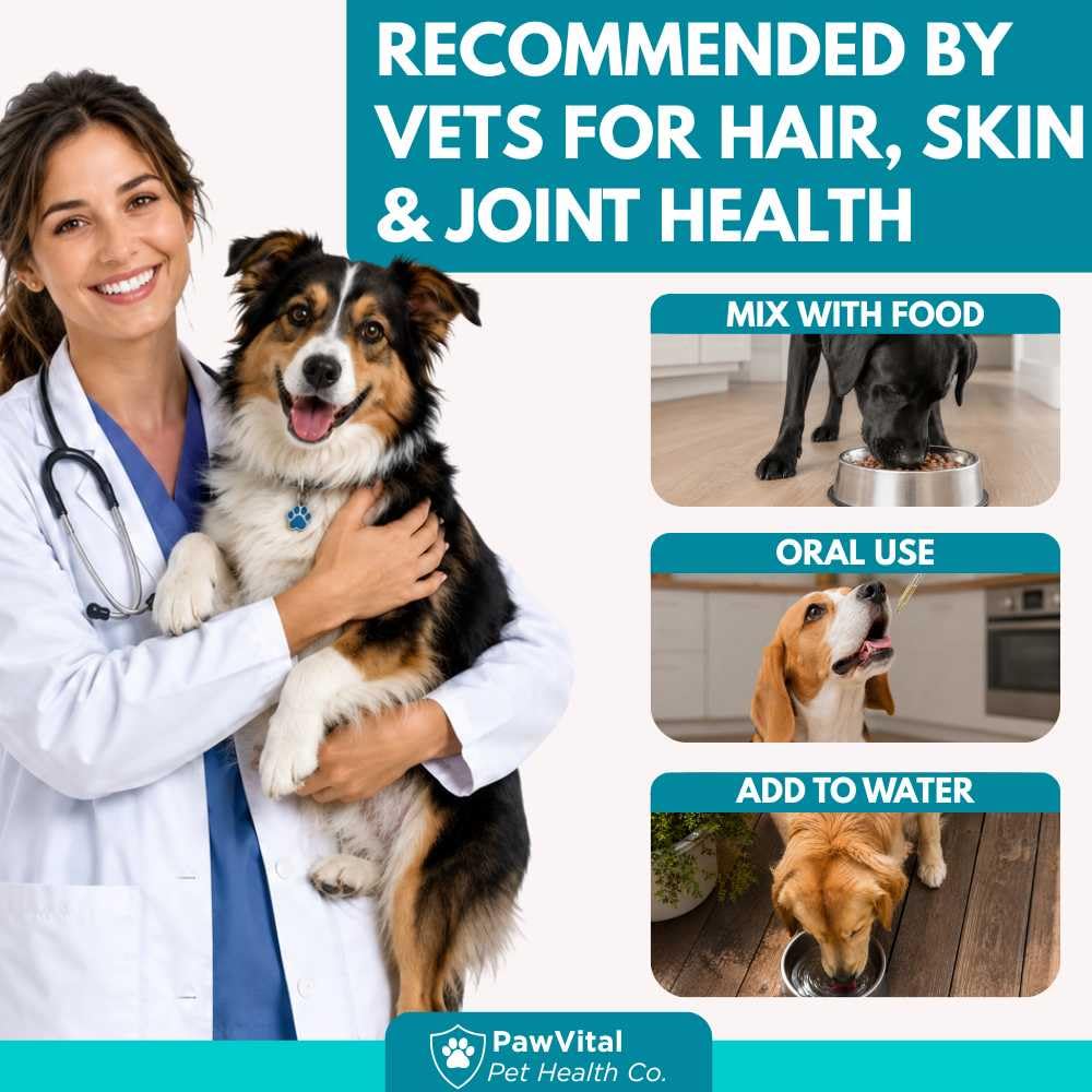 PawVital flacon à côté d’une règle pour montrer taille et 60 portions par flacon