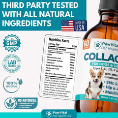 PawVital gros plan étiquette affichant types de collagène et bénéfices clairs
