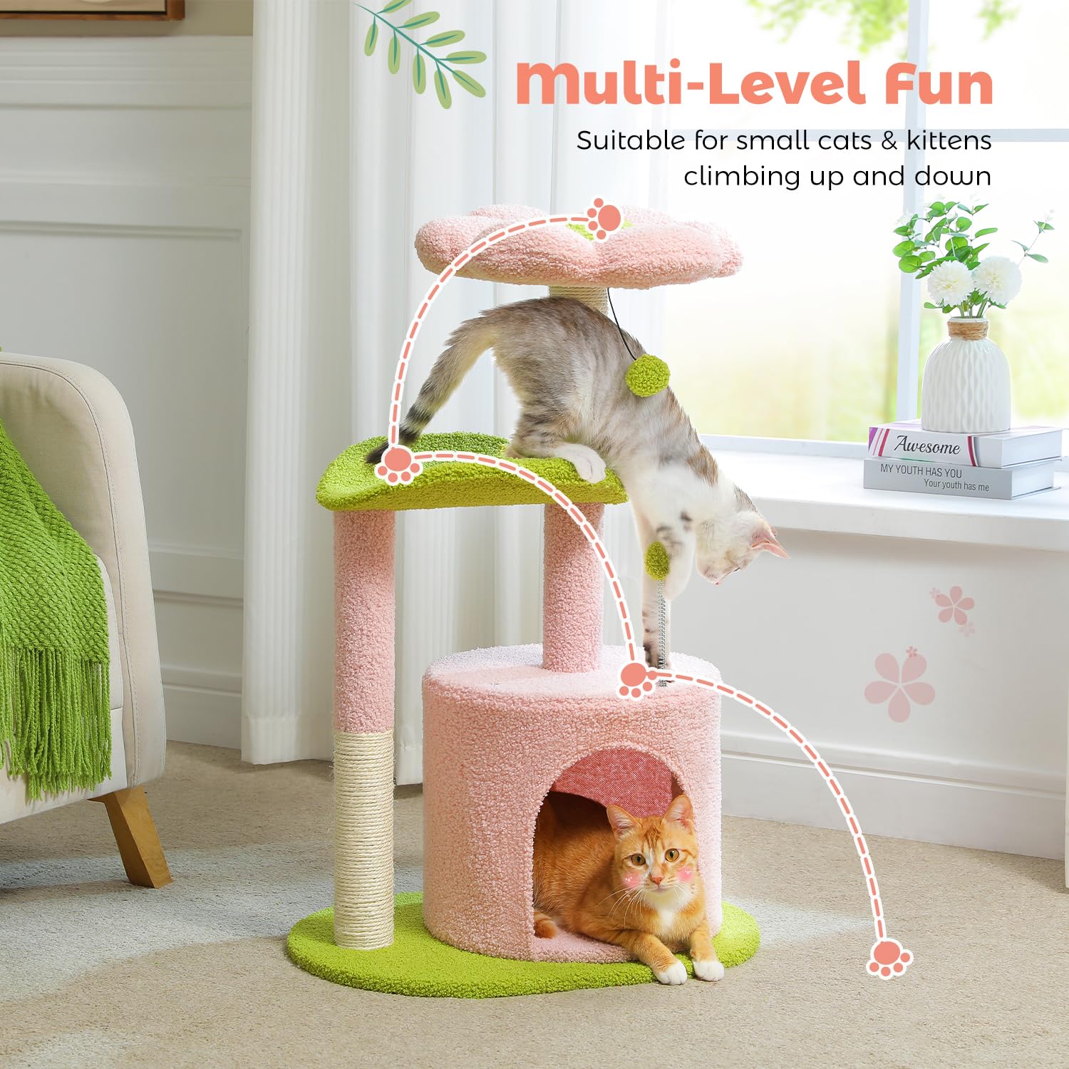 PAWZ Road arbre installé dans un salon, esthétique gain de place