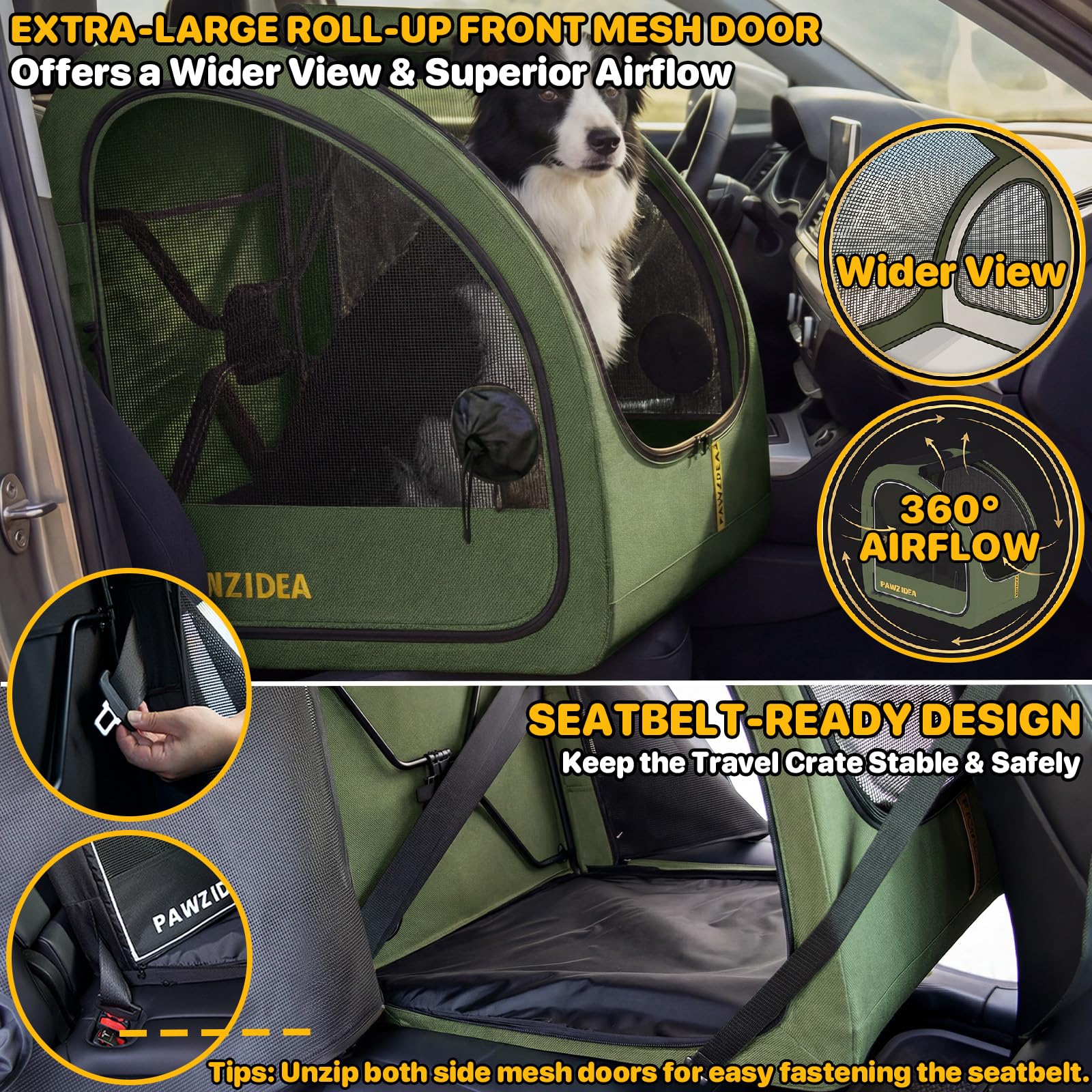 PAWZIDEA installé sur un siège de voiture pour voyages sécurisés