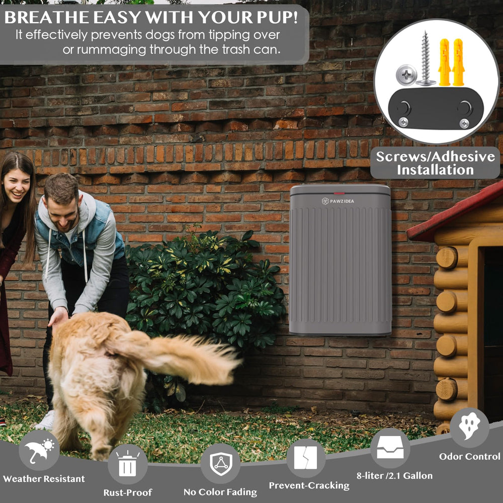PAWZIDEA poubelle installée dans un jardin conservant terrasse propre et sans odeurs