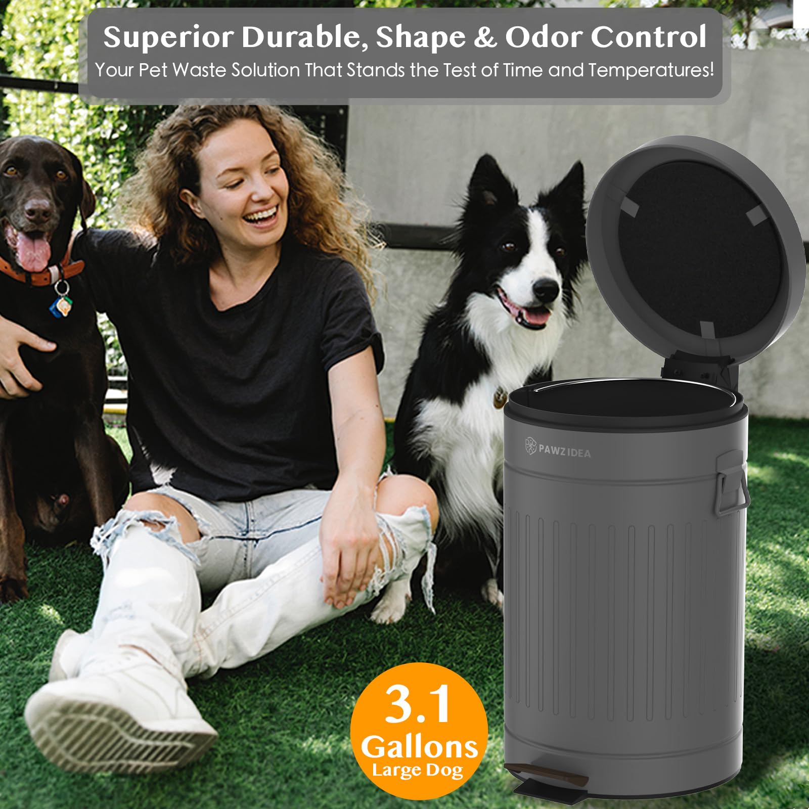 PAWZIDEA poubelle sur terrasse illustrant usage extérieur résistant