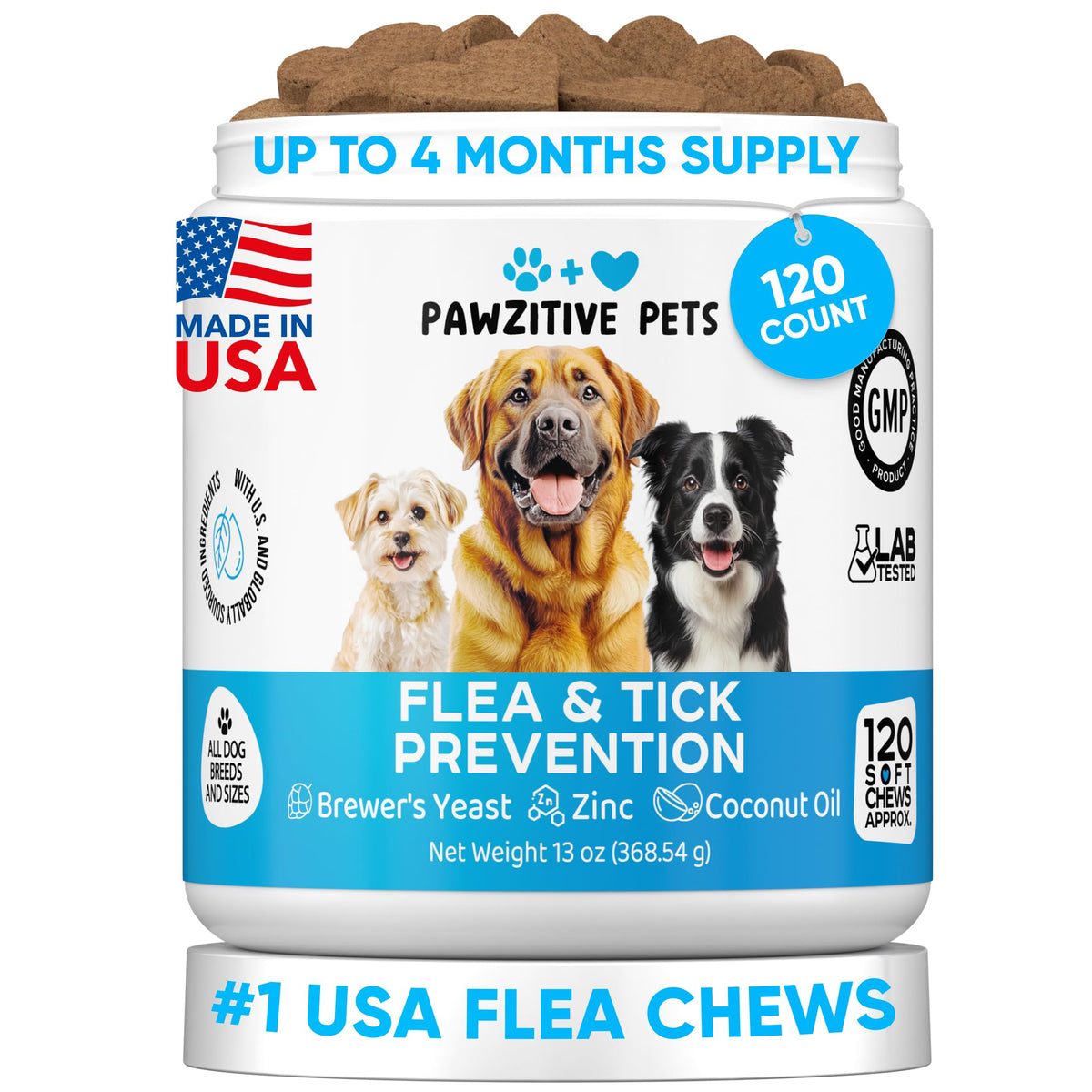 Pawzitive Pets emballage avant montrant 120 bouchées et informations pratiques