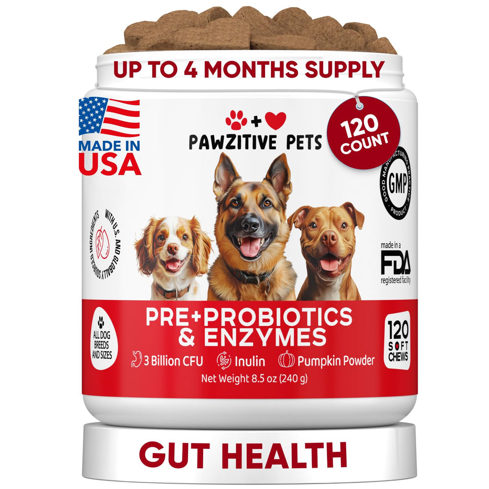 Pawzitive Pets emballage avant montrant la formule probiotique et bénéfice digestion
