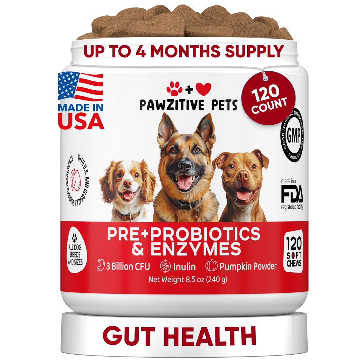 Pawzitive Pets emballage avant montrant la formule probiotique et bénéfice digestion