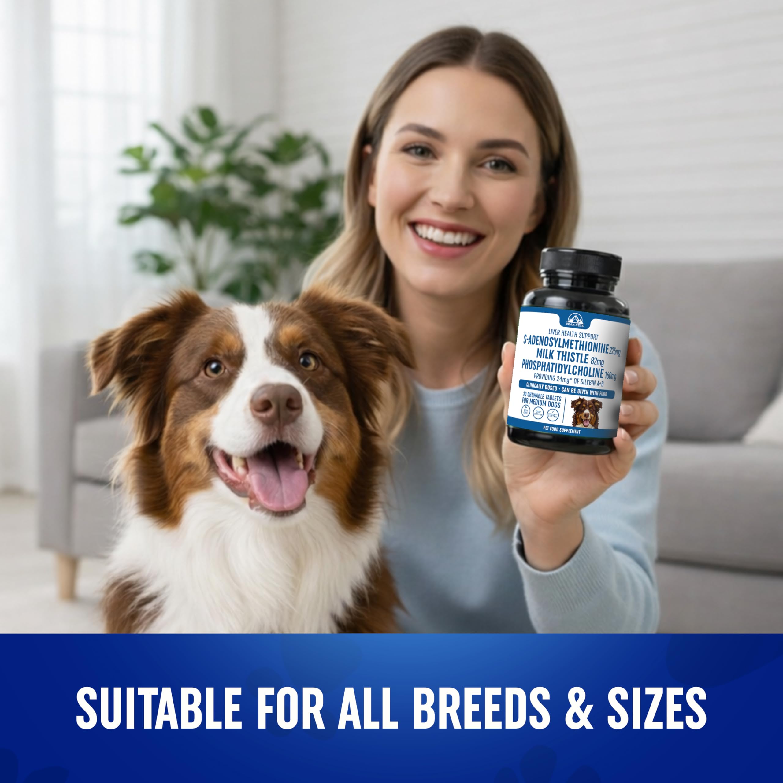 Peak Pets chien heureux à la maison après supplémentation quotidienne