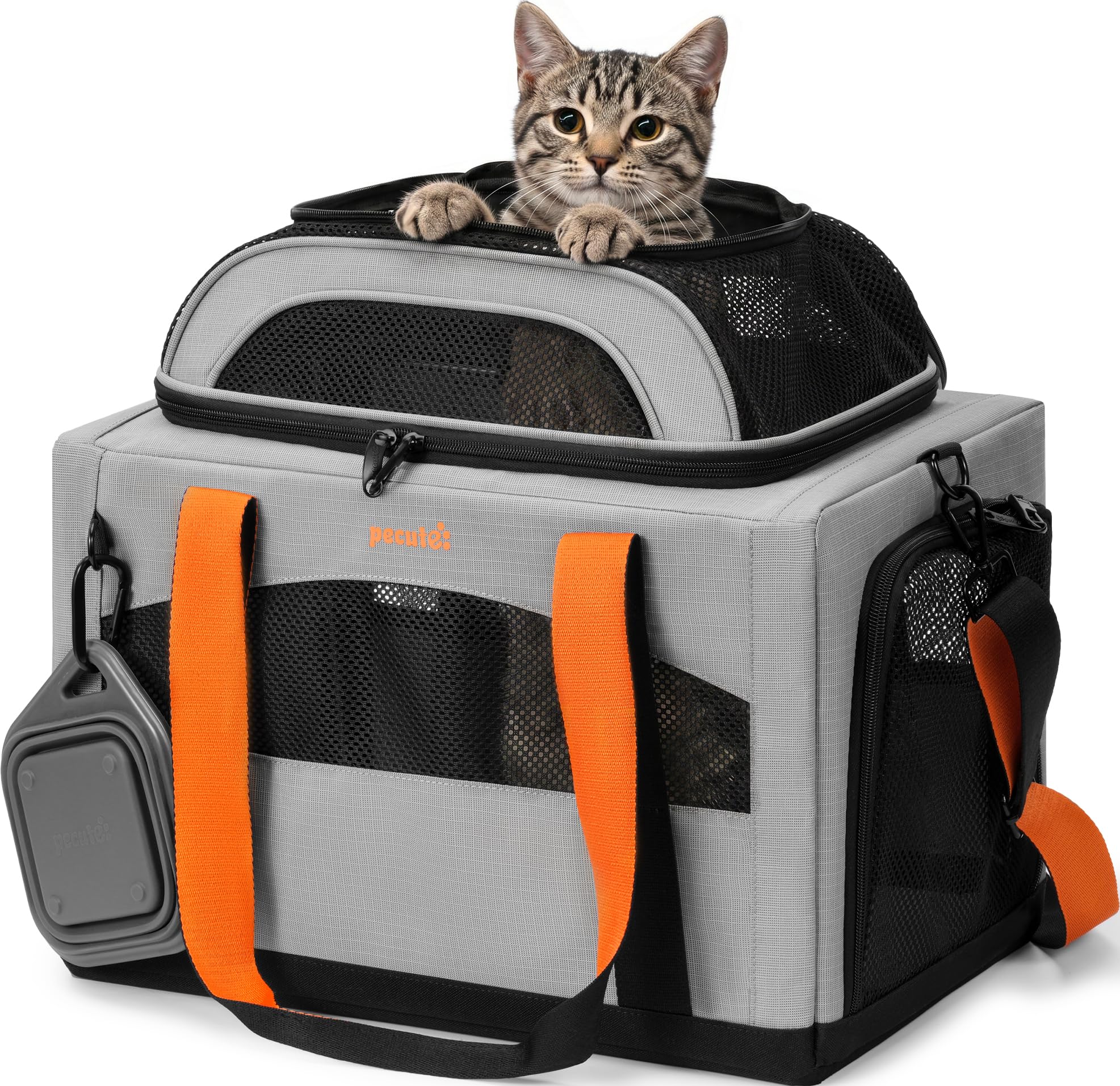 Pecute vue avant du sac gris montrant design compact et transport sécurisé