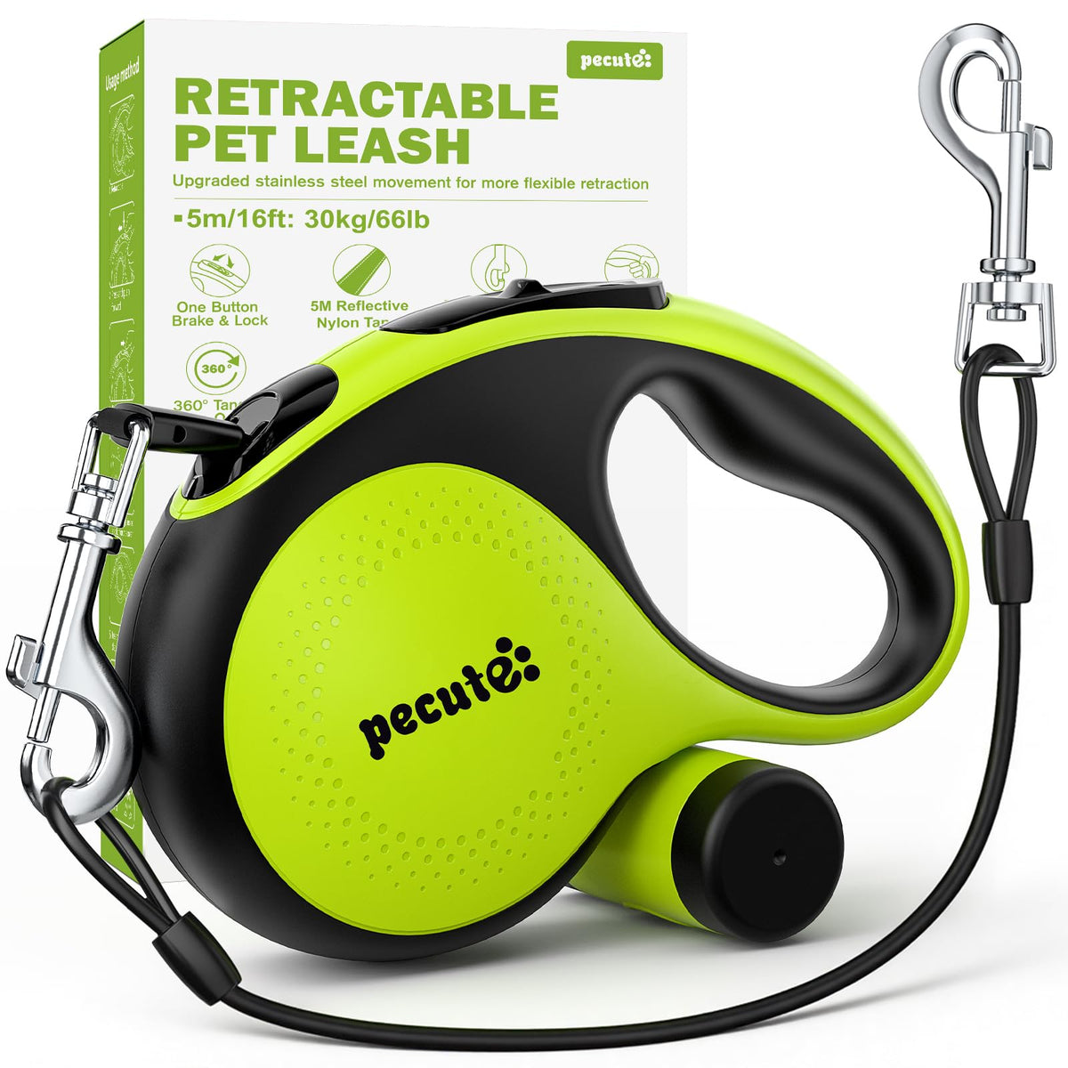 Pecute laisse rétractable vue face montrant boîtier compact et ergonomie pour confort
