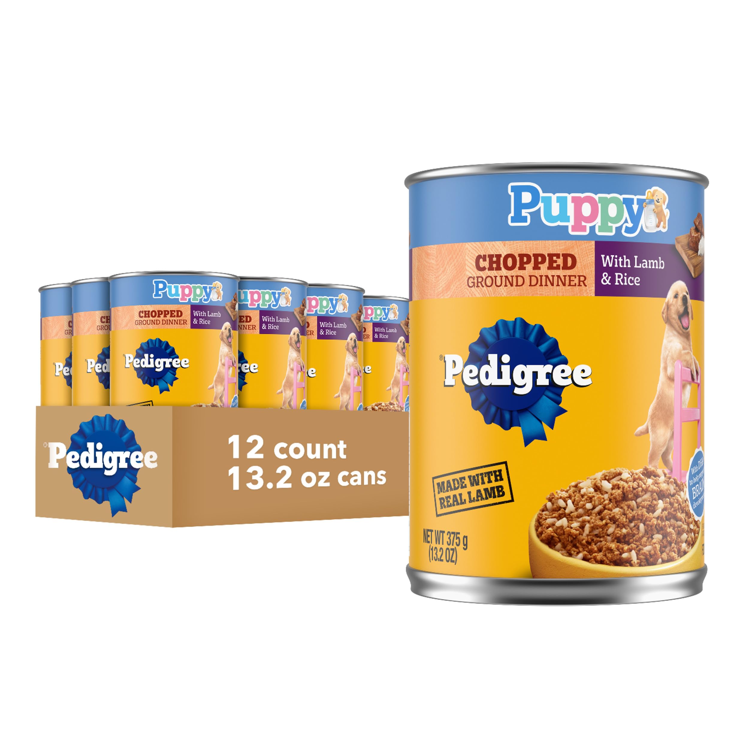 Pedigree chiot boîte face montrant étiquette claire et bénéfice praticité