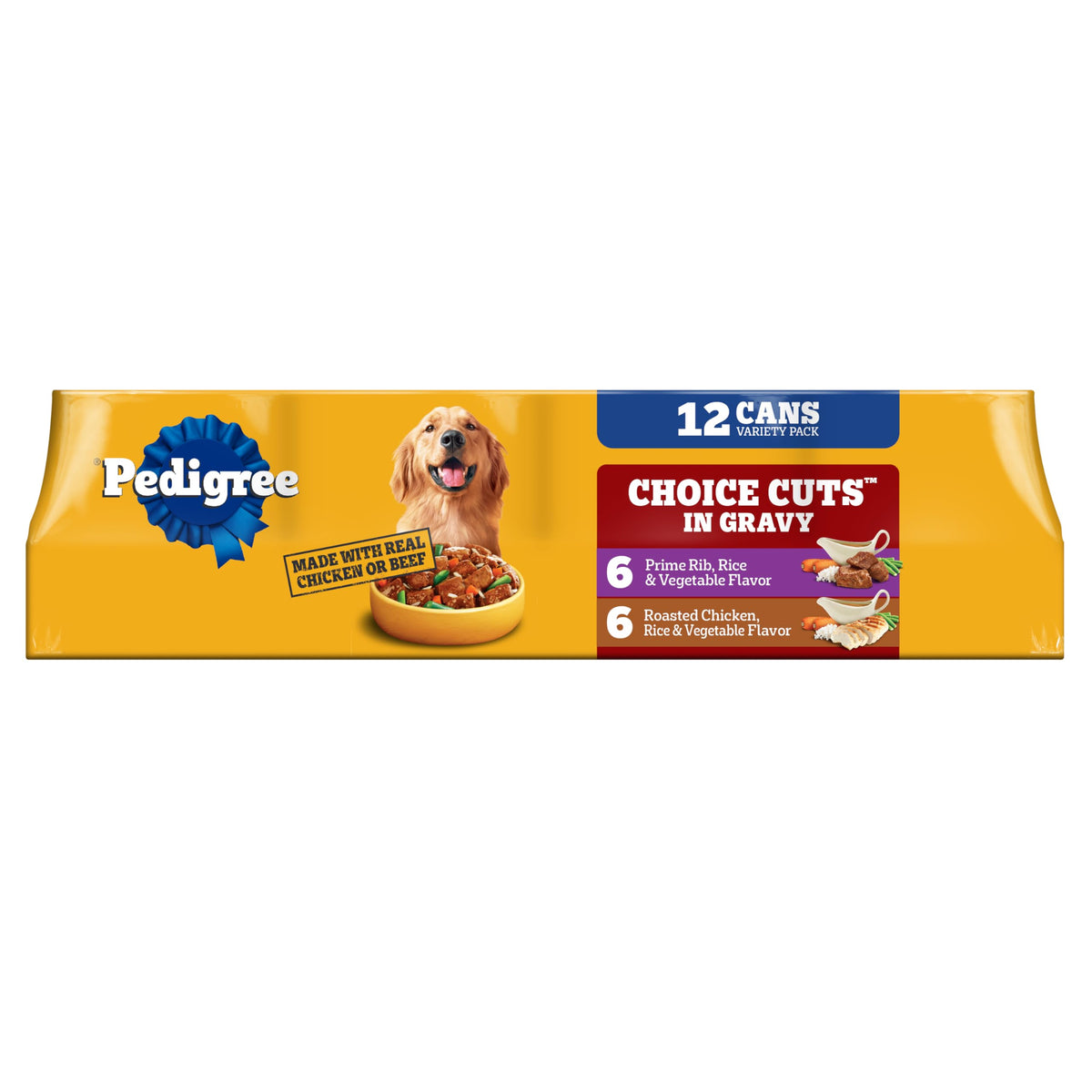 Pedigree boîte devant montrant l’étiquette et la saveur Prime Rib & Poulet, appétence garantie