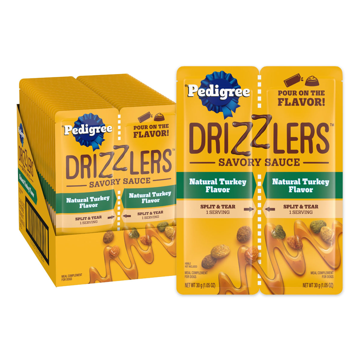 Pedigree Drizzlers emballage avant montrant le produit et l’arôme dinde