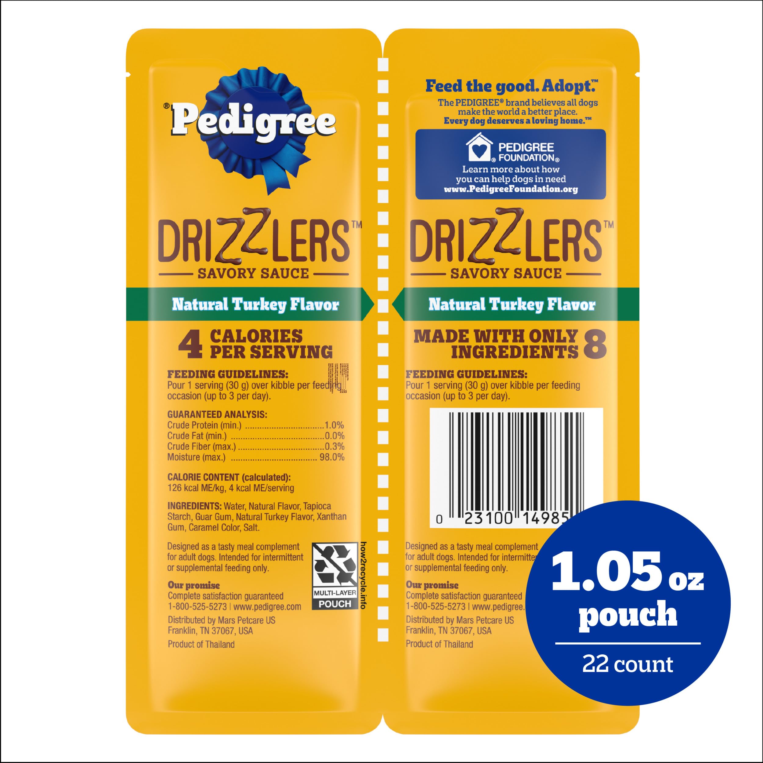 Sachet double Pedigree Drizzlers ouvert prêt à verser, pratique et portionnable