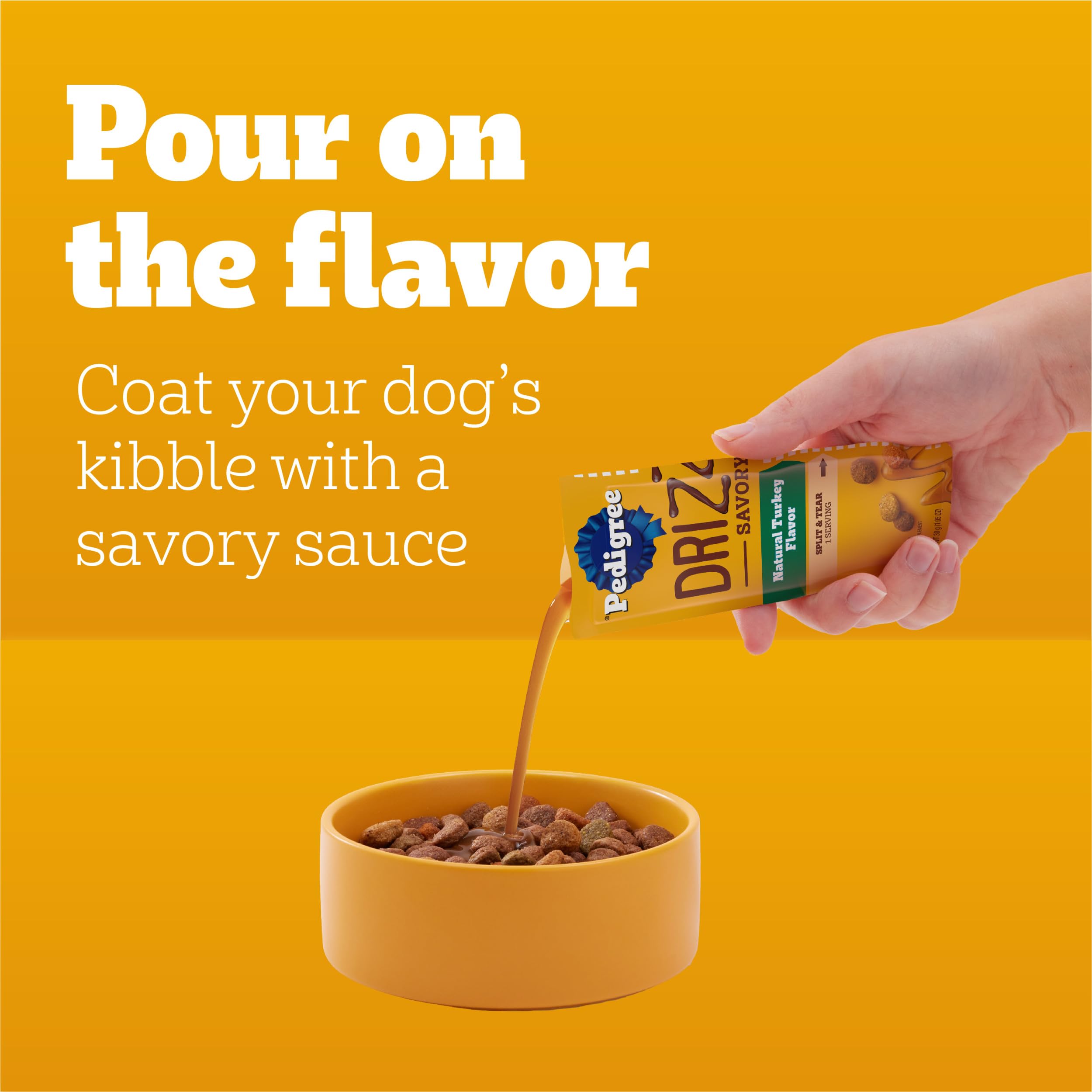 Sauce Pedigree Drizzlers versée sur croquettes pour stimuler l’appétit