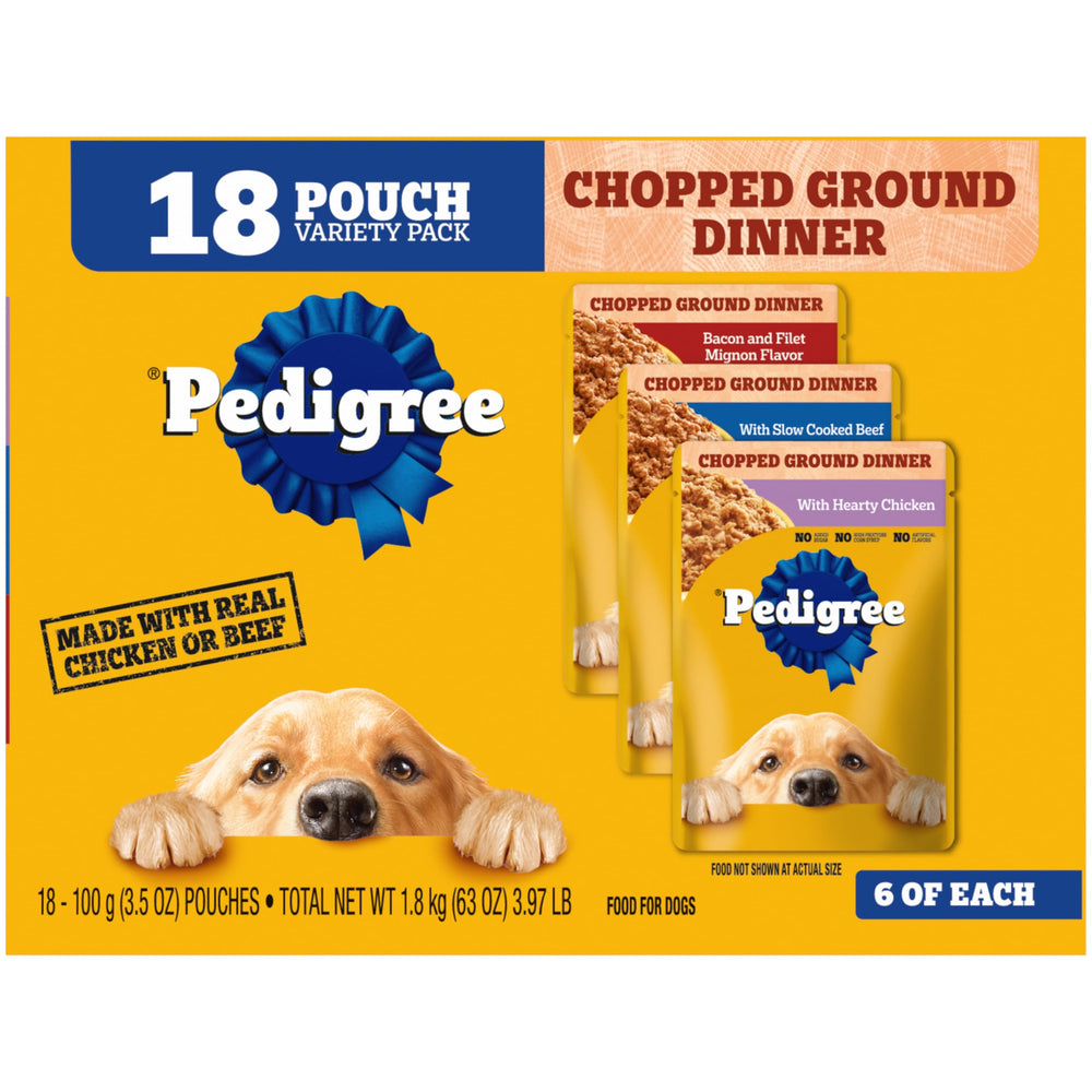 Pedigree poche avant emballage montrant la marque et commodité