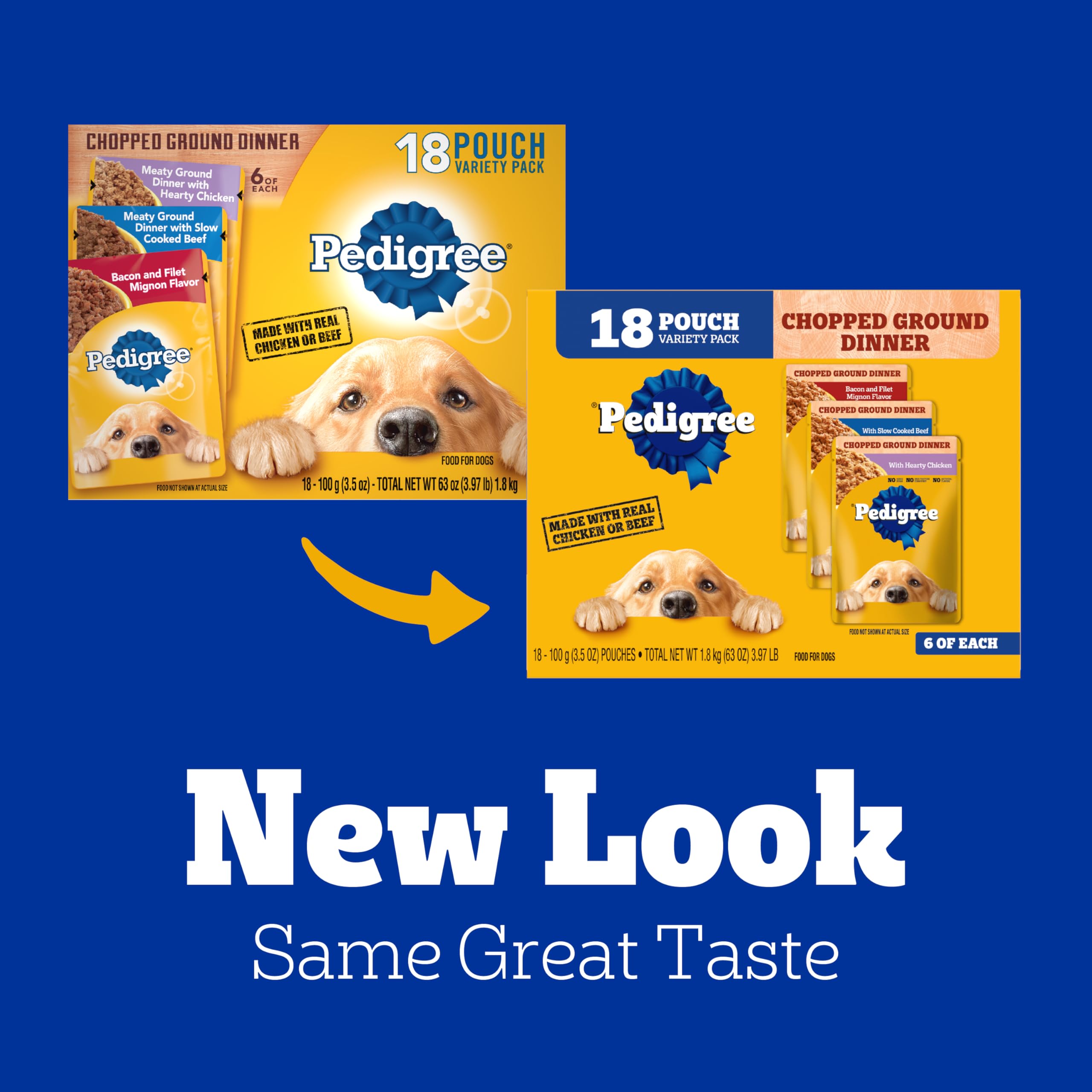 Pedigree poche ouverte montrant le contenu appétissant et pratique
