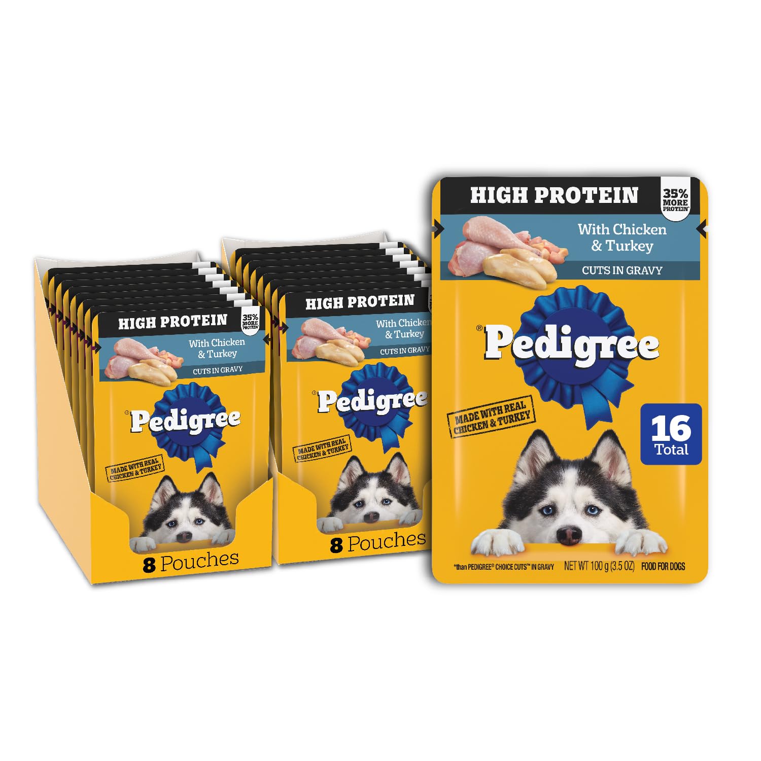 Pedigree sachet avant poulet et dinde montrant l'emballage pratique Pedigree, rassurant