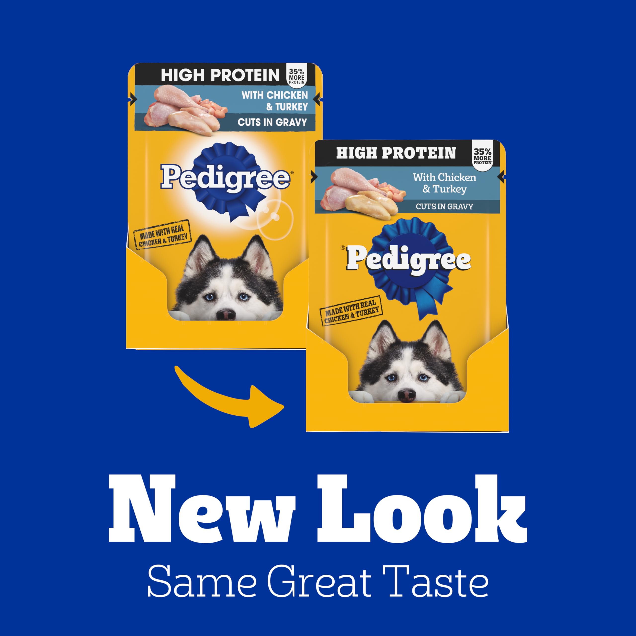 Pedigree sachet ouvert versé dans une gamelle, facilitant le service quotidien
